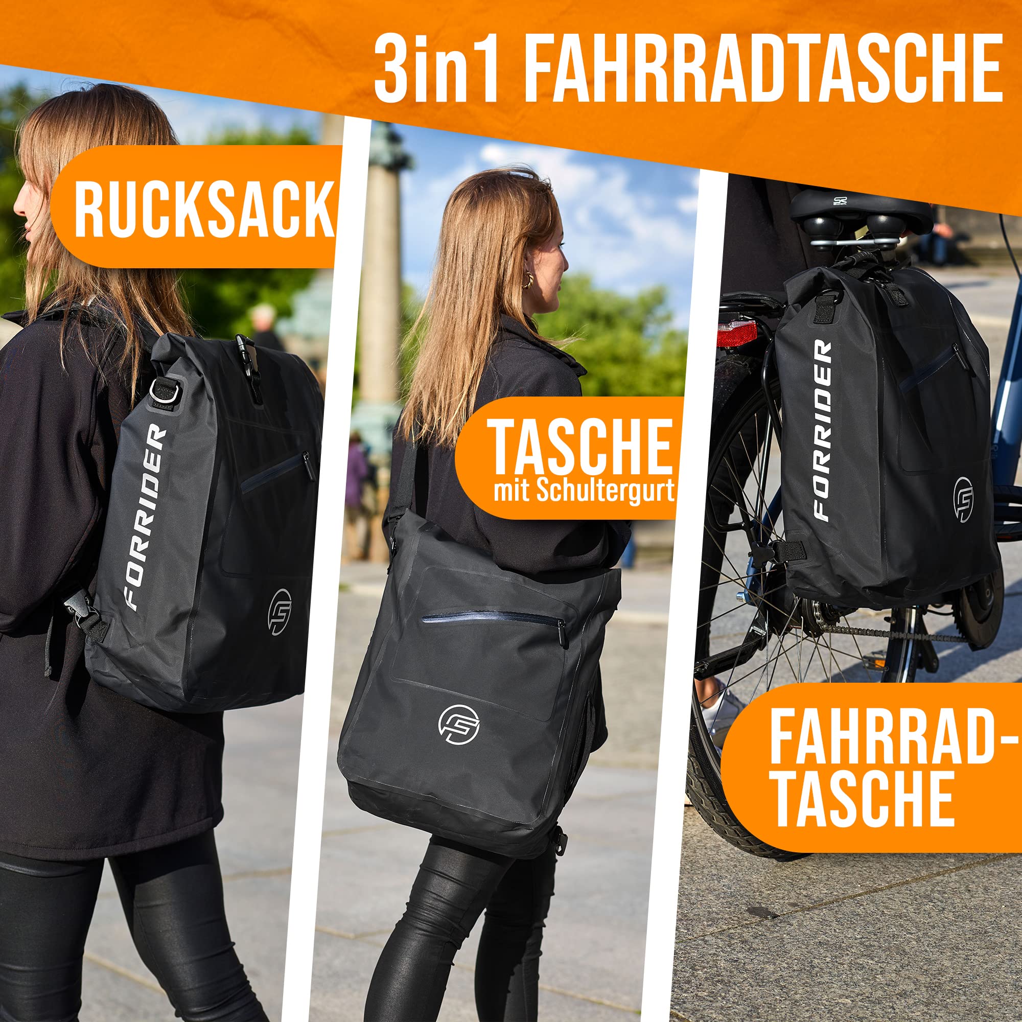 Forrider 3in1 Fahrradtasche für Gepäckträger mit Rucksack Wasserdicht 27L I Gepäckträgertasche Reflektierend I Fahrradtasche Rucksack | Fahrradrucksack für Gepäckträger mit Laptopfach (schwarz)