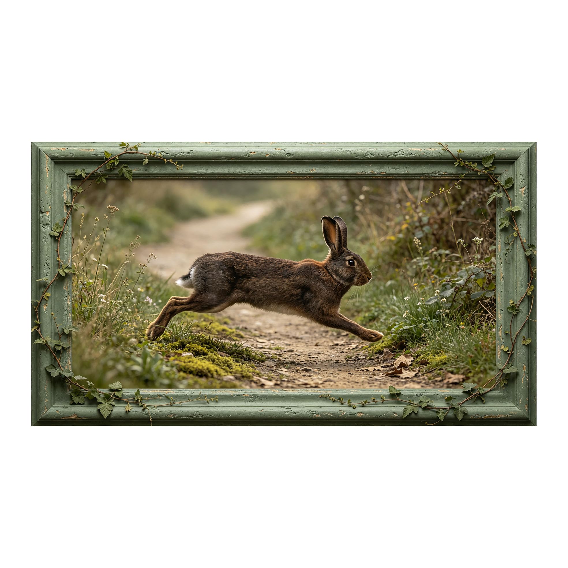 Murasolite 3D 3D Framed Wall Art 50cm×90cm Running Hare Pastoral Forest Path Realistic Style SelfAdhesive Fabric Mural Wall Decor, Peel and Stick No Damage to Wall for Bedroom Living Room
