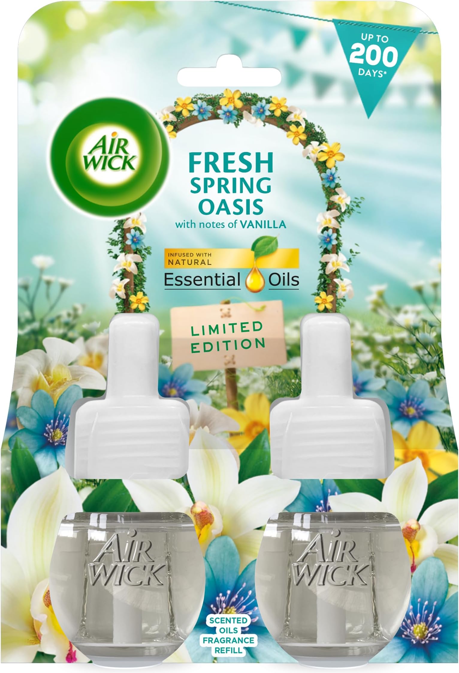 Air Wick Plug in Diffuser Twin Refill, Fresh Spring Oasis, Pack 2 x 19ml, Long Lasting Fragrance, Lasts up to 200 Days, Plug in Air freshener