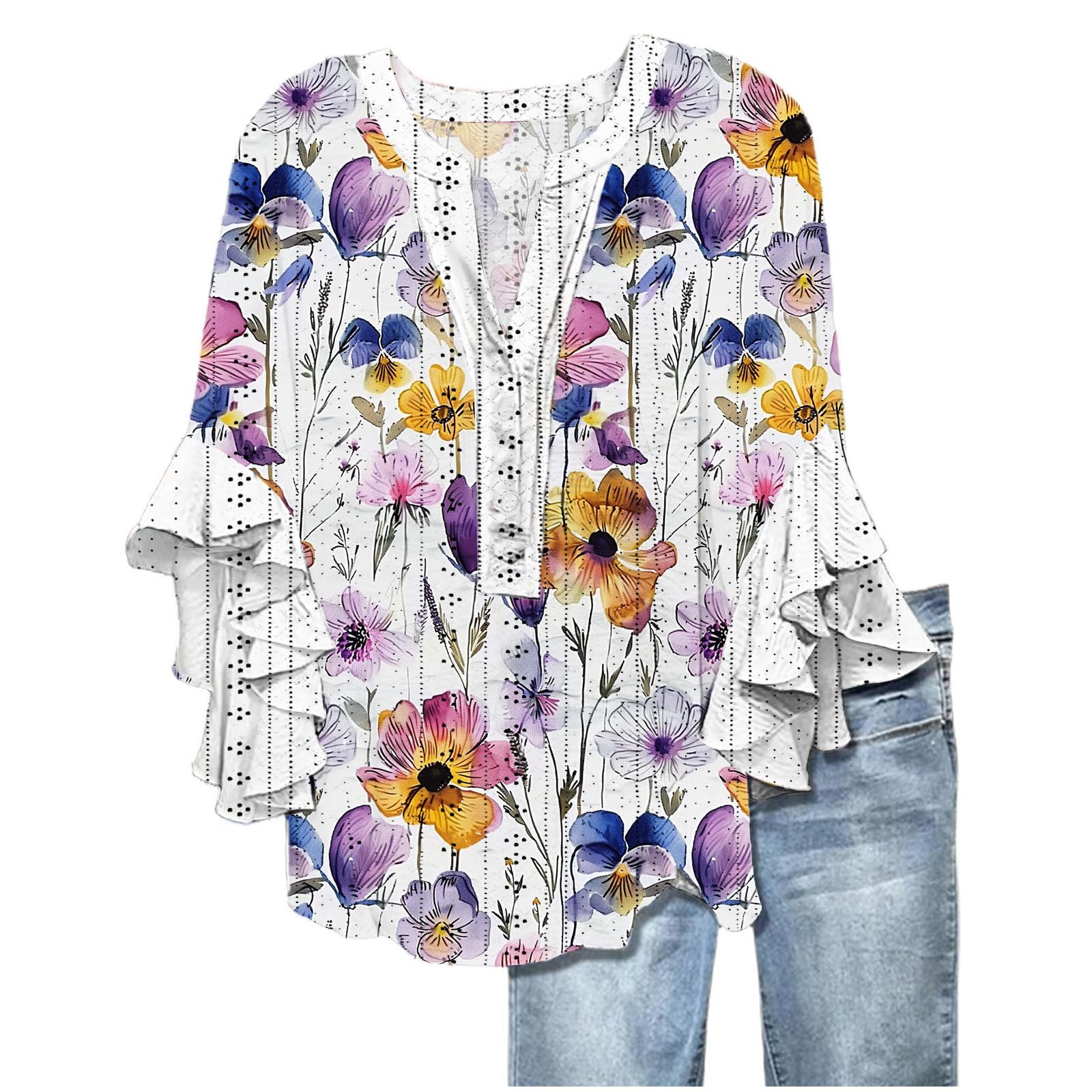 Women's Eyelet Tops V-Neck Ruffle 3/4 Sleeve Blouse Casual Loose Button Up Henley Shirts Boho Flowy Beach Clothes — view 11