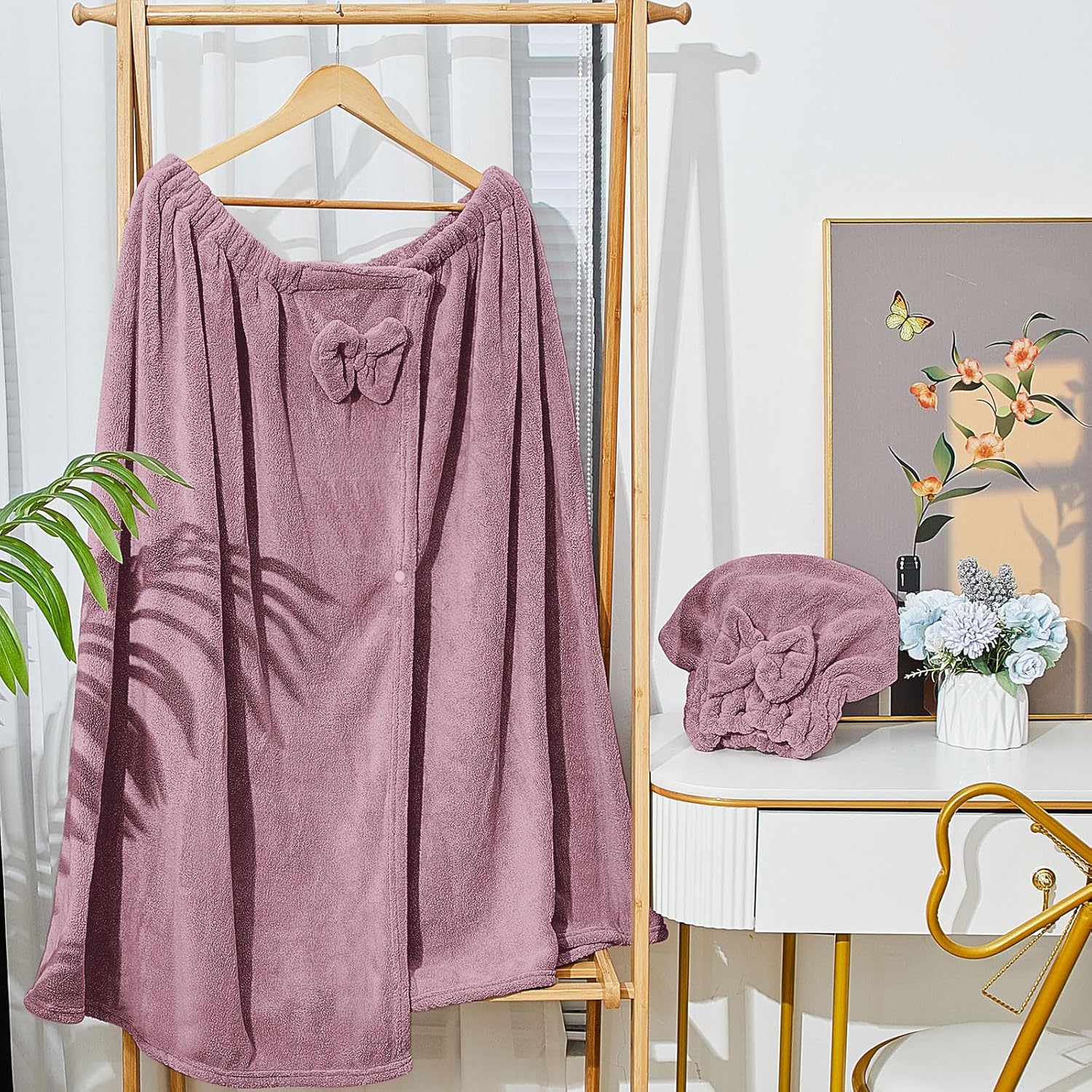 Xtinmee 2 Sets Plus Size Womens Wrap Towel with Hair Towel Bath Towel Wrap Shower Dress Towel Spa Wraps for Women's Bathrobe (Purple) - Image 6