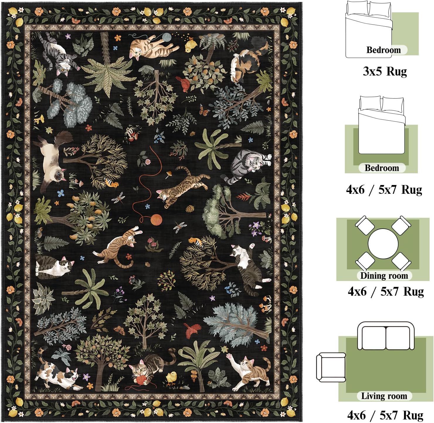 Cat Aniaml Print Area Rugs 5x7 Washable Rugs for Linving Room Cat Rug with Non-Slip Backing Low Pile Large Rugs for Bedroom Farmhouse Dining Room Kids Playroom