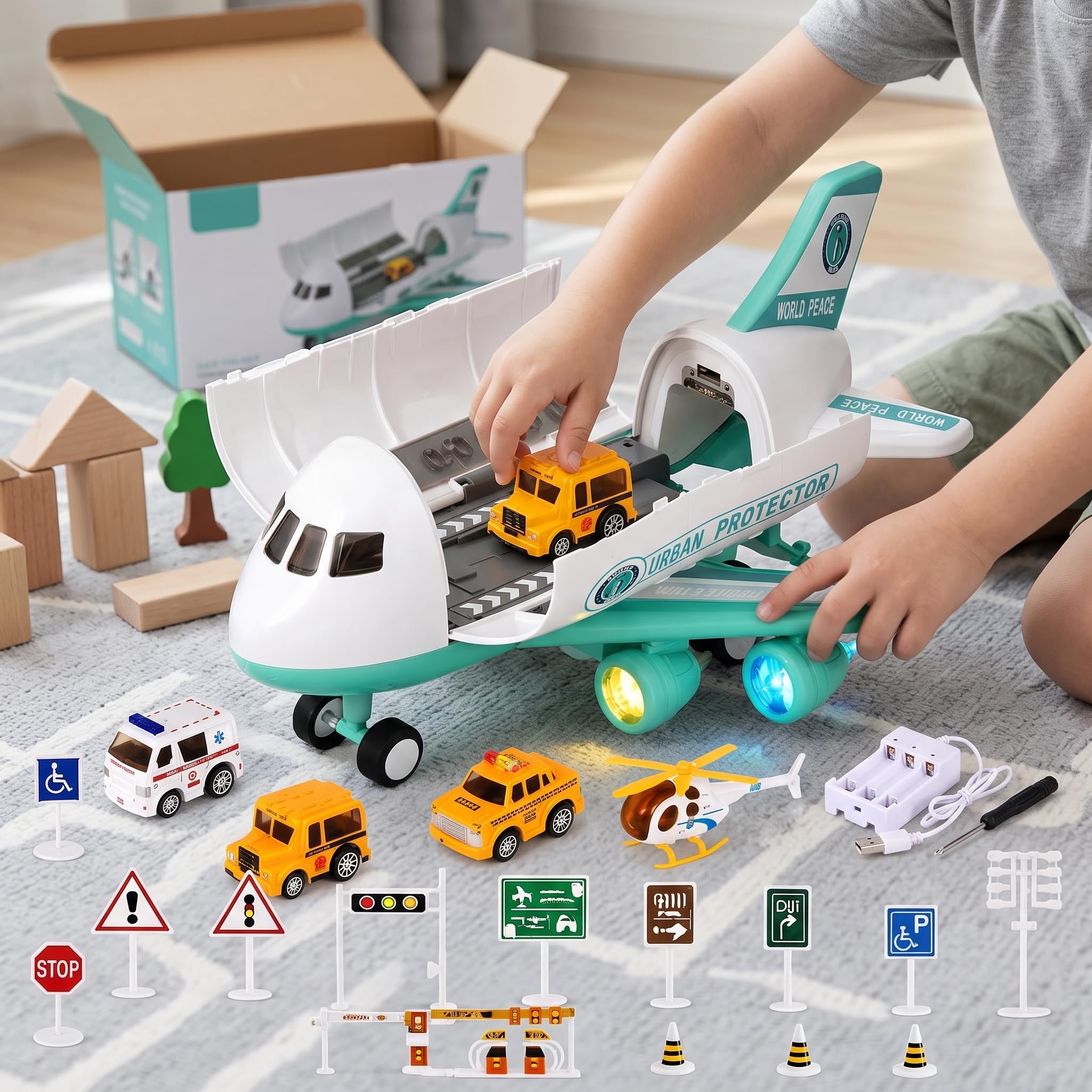 Aereo Giocattolo per Bambini con Veicoli e Suoni, Gioco a Inerzia Ricaricabile, aereo polistirolo per bambini