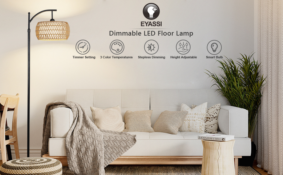 Image of Arc Floor Lamp with Remote Control, Dimmable LED Floor Lamp with 3 Color Temperature, Black Standing Lamp with Rattan & Fabric Double Drum Shade, Boho Farmhouse Tall Pole Lamp for Living Room Bedroom