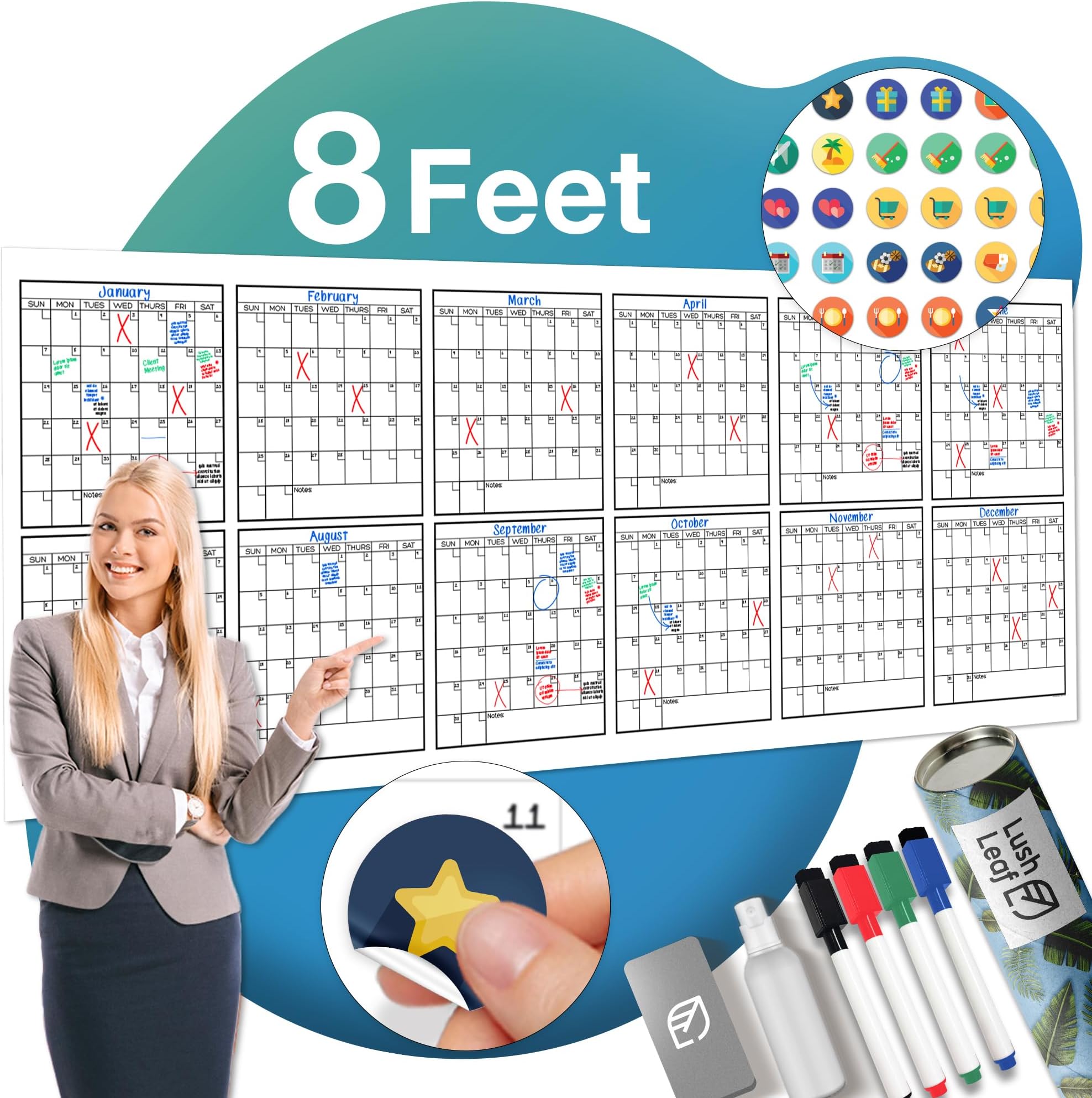 Large Dry Erase Calendar for Wall, 36" x 96" - Undated, Yearly, Reusable - Full 12 Month Year - Includes Markers, Eraser & Accessories