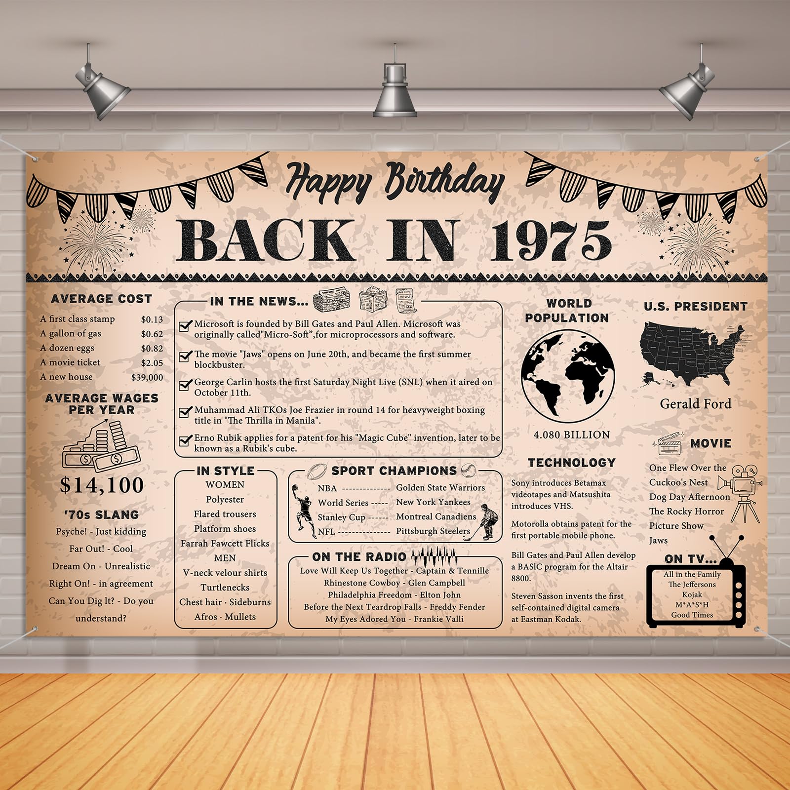 51st Birthday Decorations Vintage Back in 1975 Backdrop Banner, 6 x 4 ft Vintage 1975 Happy Birthday Photography Background Supplies