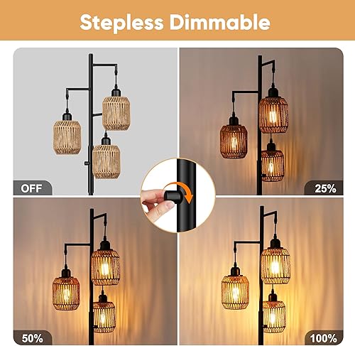 Miniatura 2 de ROTTOGOON Lámpara de pie bohemia regulable, lámpara de pie de ratán de 3 luces para sala de estar, lámparas de pie industriales con 3 bombillas LED