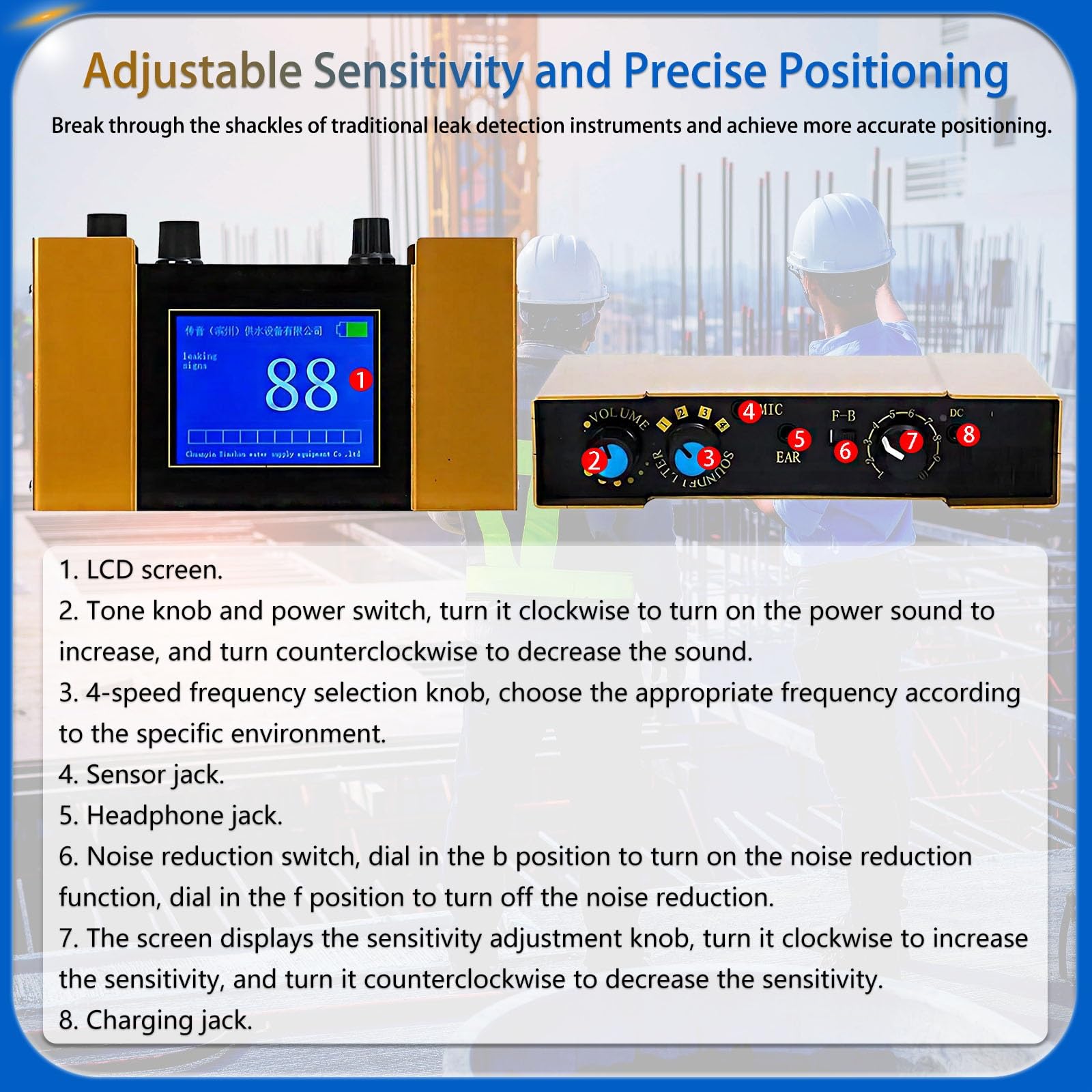 Detector Profesional de Fugas de Agua por Ultrasonidos, con Pantalla LCD Digital y Audífonos Cancelación de Ruido, 4 Modos Ajustables de Sensibilidad, para Tuberías Subterráneas.