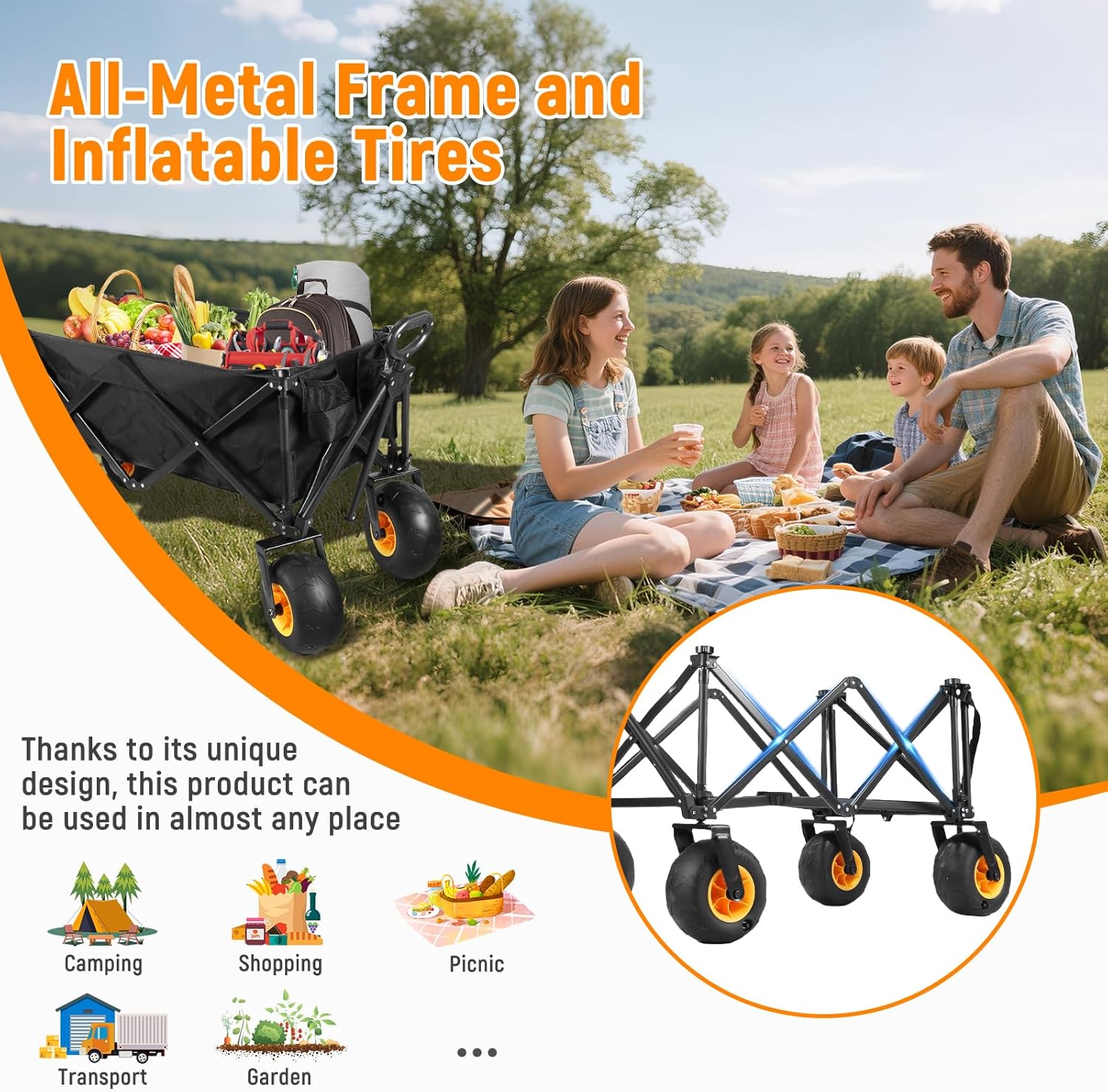 Outdoor Wagon with Inflatable All-Terrain Big Wheels,220 LBS Heavy Duty Folding Beach Wagon with Extra Long Extender,Grocery Cart with Cup Holders and Pocket for Groceries, Garden & Camping
