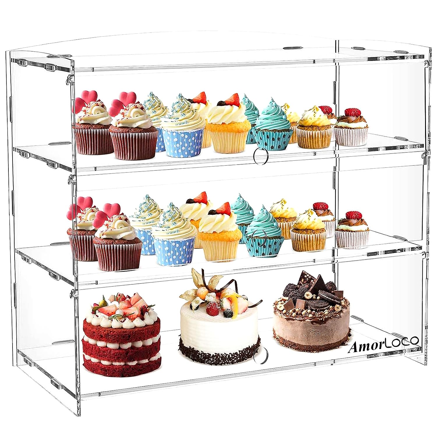 AmorLoco Vitrina 3-niveles para panadería, pastelería, vitrina acrílica transparente, gabinete comercial, sándwiches, pan, caja de donas, queso, galletas, organizador