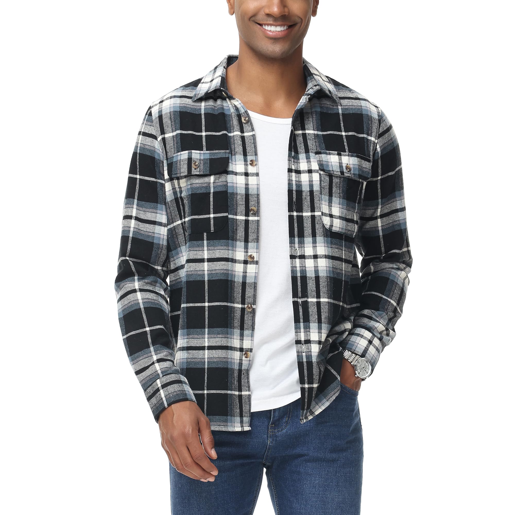 (Size M) MCEDAR Regular Fit Plaid Flannel Shirts for Men Lightweight Long Sleeve Casual Button Down Shirt