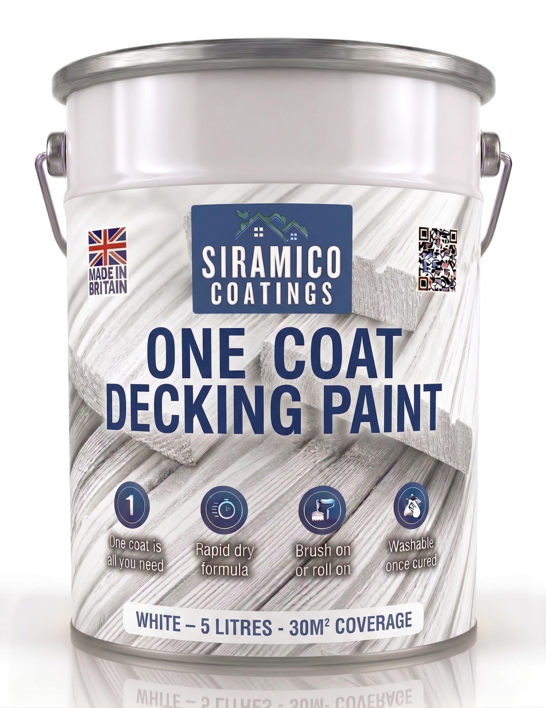 SIRAMICO COATINGS One Coat Anti-Slip Decking Paint | 5 Litres | 7 Luxury Colours I Mould & UV Resistant Formula | White - Grey - Sage Green - Black - Brick Red (White)