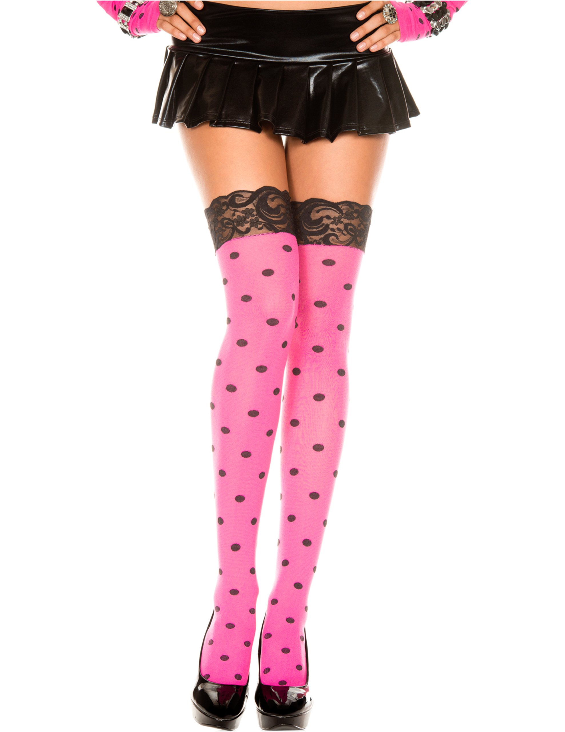 Black Laced Top Pink w/Polka Dots Thigh High w/Matching Gloves