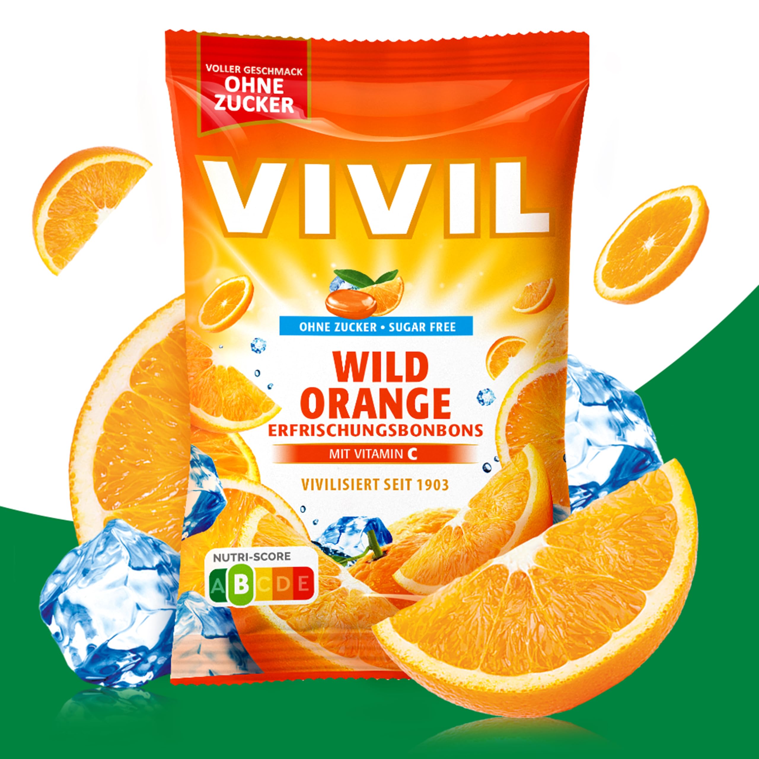 VIVIL Wild Orange mit Vitamin C, 15 Beutel, Erfrischungsbonbons mit Orangegeschmack, zuckerfrei & vegan, 15 x 120g
