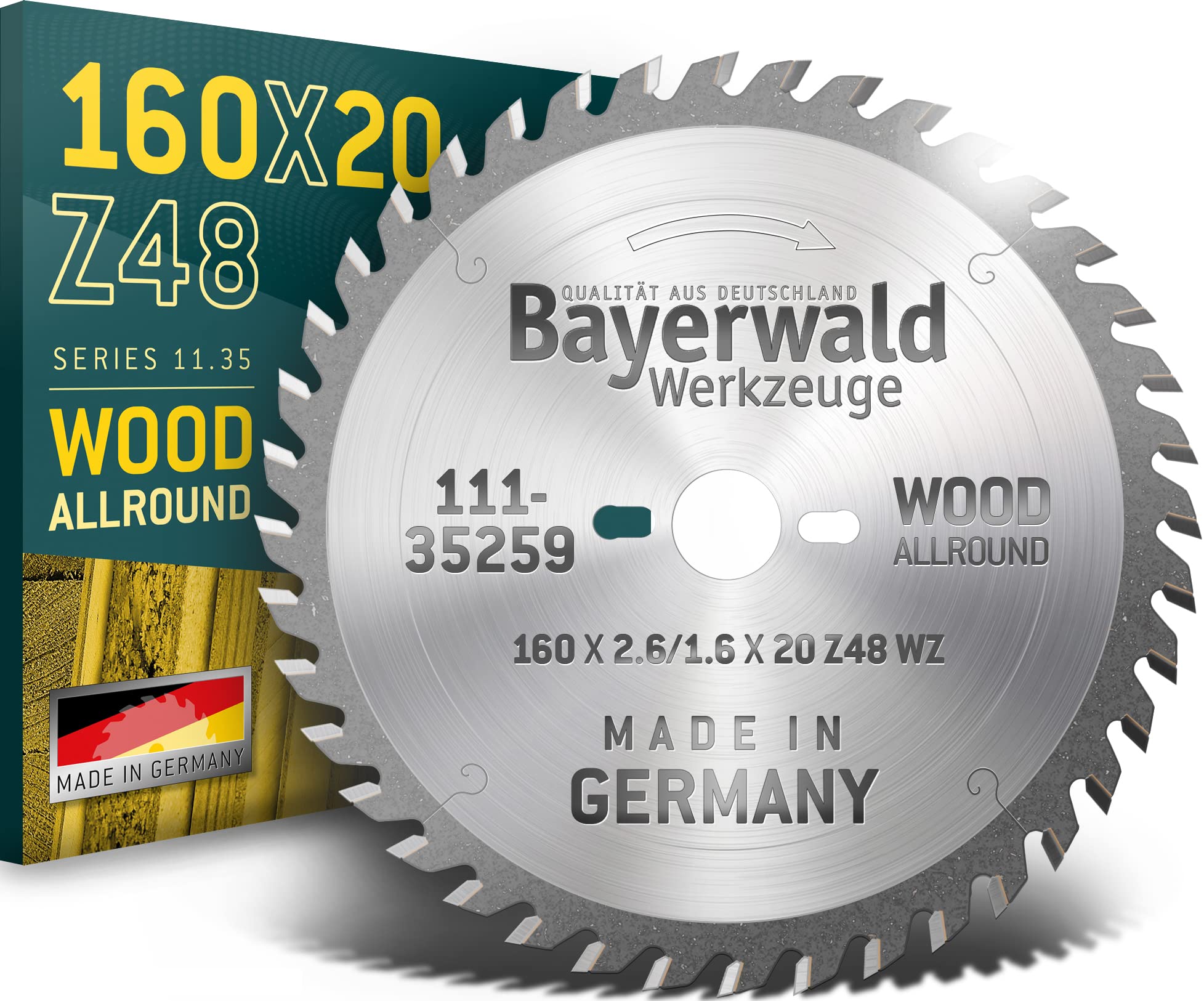 Bayerwald - HM ręczna tarcza do piły tarczowej do drewna - Ø 160 mm x 2,6 mm x 20/16 mm | uzębienie zmienne (48 zębów/bardzo drobna) | otwory dodatkowe: 2/6/32