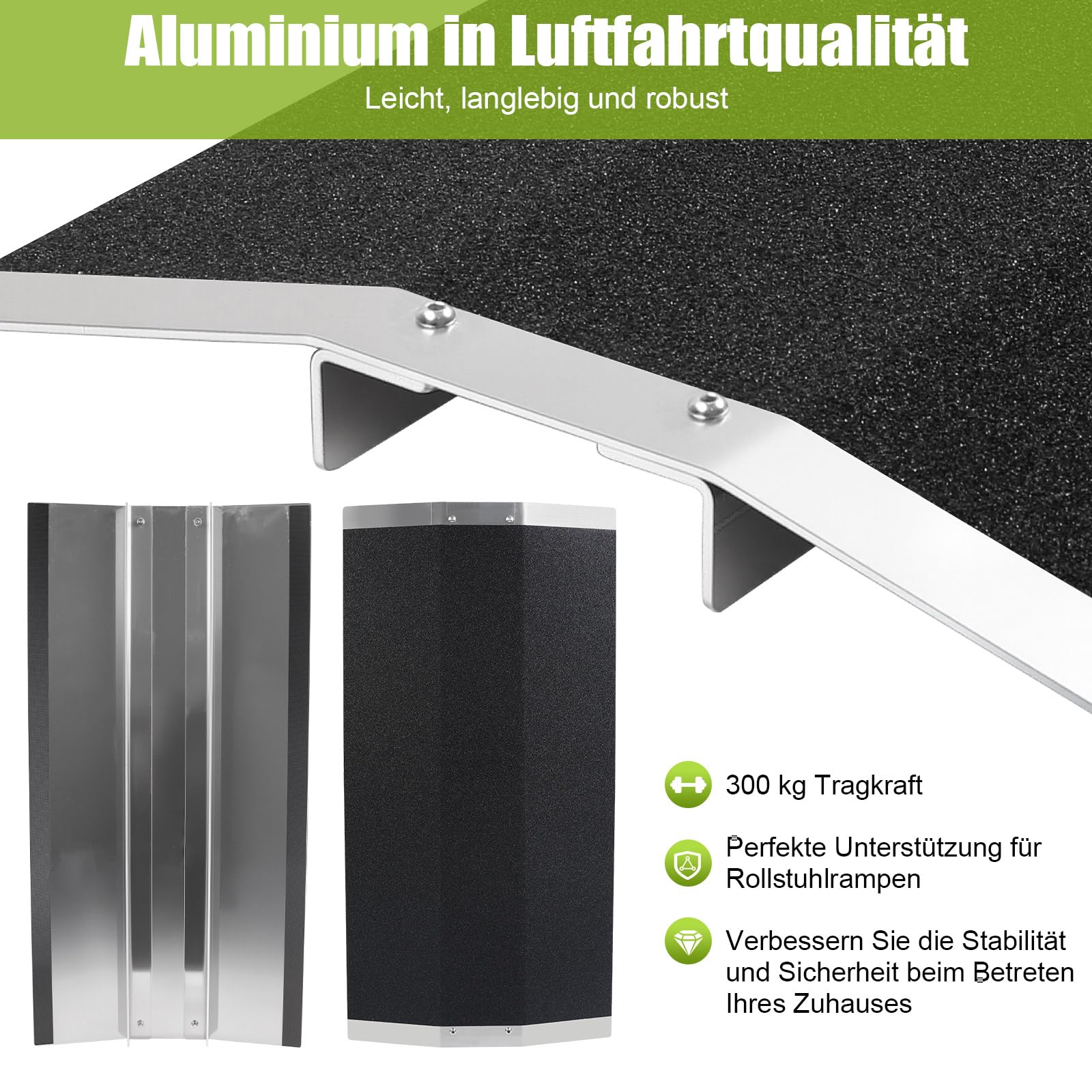 Vielseitig Alu-Schwellenrampe,80cm Breite, 300 kg Tragkraft, rutschfest Schwellenbrücke Rollstuhlrampe für Rollstuhl & Rasenmäher, Türschwellenrampe für Türschwellen, Stufen, Bordsteine
