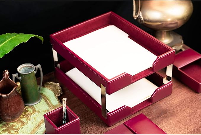 DACASSO Escritorio de cuero Bonded - Tapete de lujo y organizador (Burdeos, 8 piezas) miniatura 4