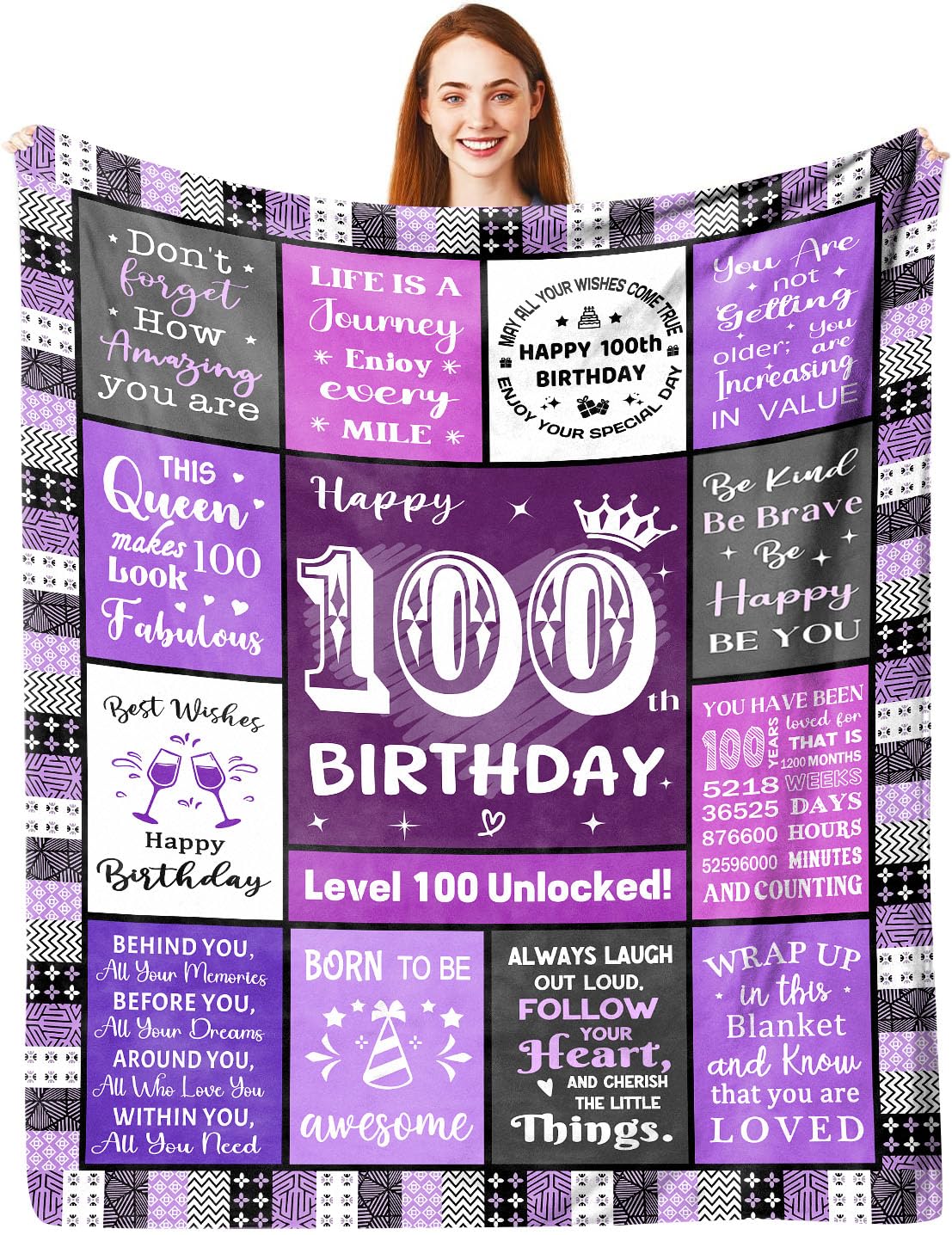 ACAATVE 100th Birthday Gifts Blanket for Women 150 x 130 cm | Personalised 100 Year Old Birthday Decoration Gifts for Women, Happy 100 Flannel Throw Presents for Woman a 1925 Birth Year