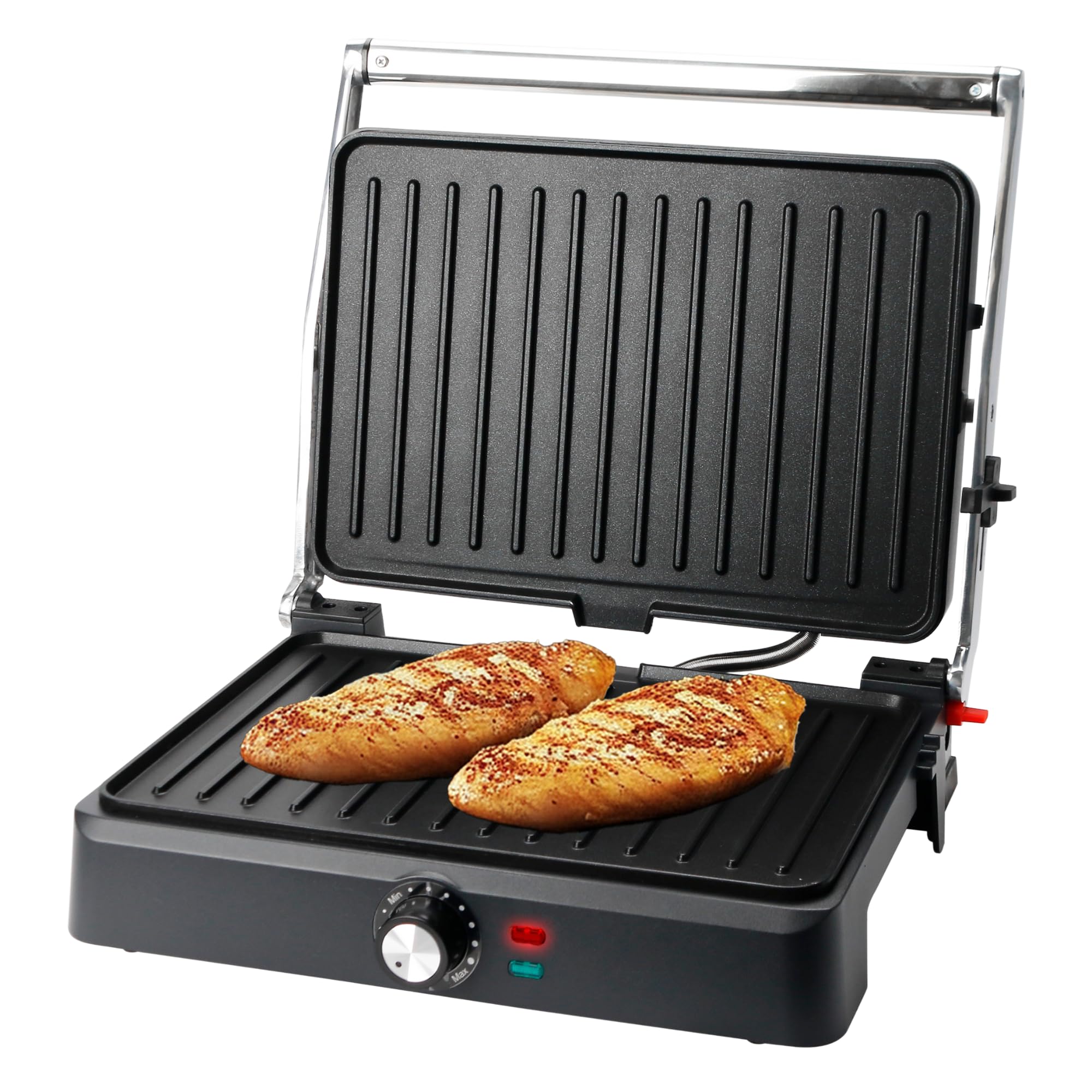 EMERIO Parrilla de contacto Panini Grill Sandwichera Grill de mesa | Superficie de parrilla 34x24 cm | revestimiento antiadherente | 2200 W | apertura de 180° | termostato ajustable | CG-130859