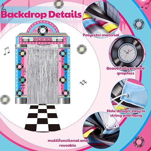 Miniatura 7 de VitalCozy 7 piezas de decoraciones de fiesta de los años 50 retro de los años 50, pancartas de fiesta de comedor negro y blanco, alfombra de cuadros