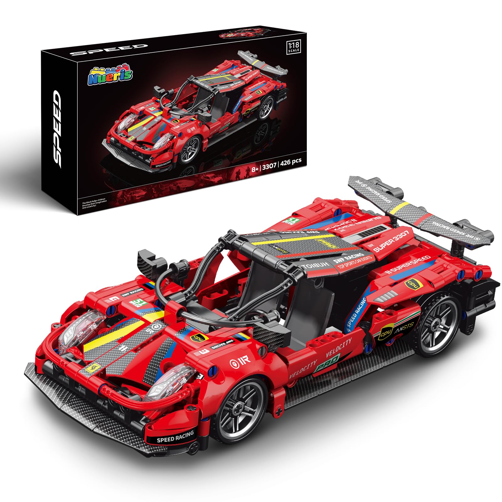1:18 Technic Super Sports Cars Model Sets - 426 PCS Red MOC Building Block Car Raceing Engineering Toys - Gift Idea for Adults Boys Girls for Play and Display Collection