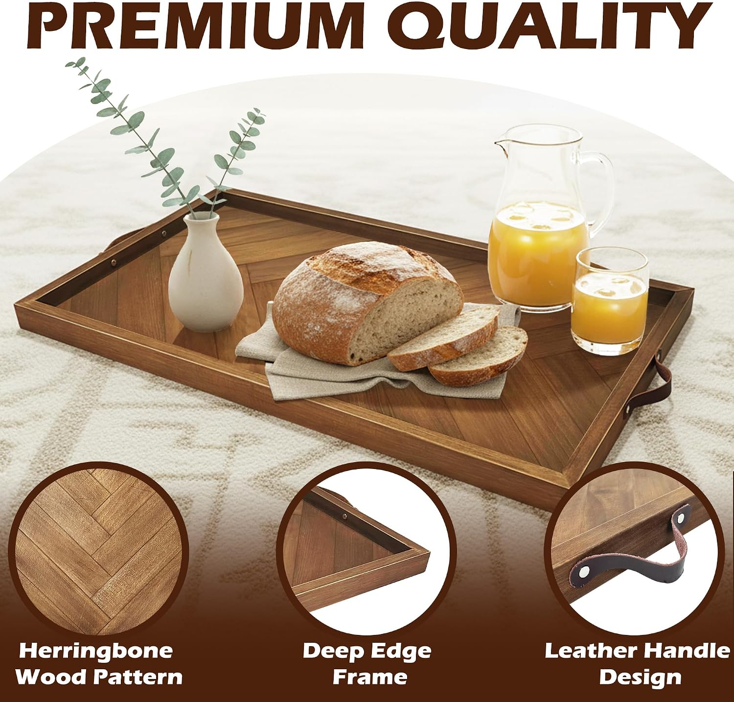 Extra Large Ottoman Tray Rectangle, 32.5"x18.5" Wooden Ottoman Trays with Leather Handles, Rustic Decorative Storage Tray for Ottoman