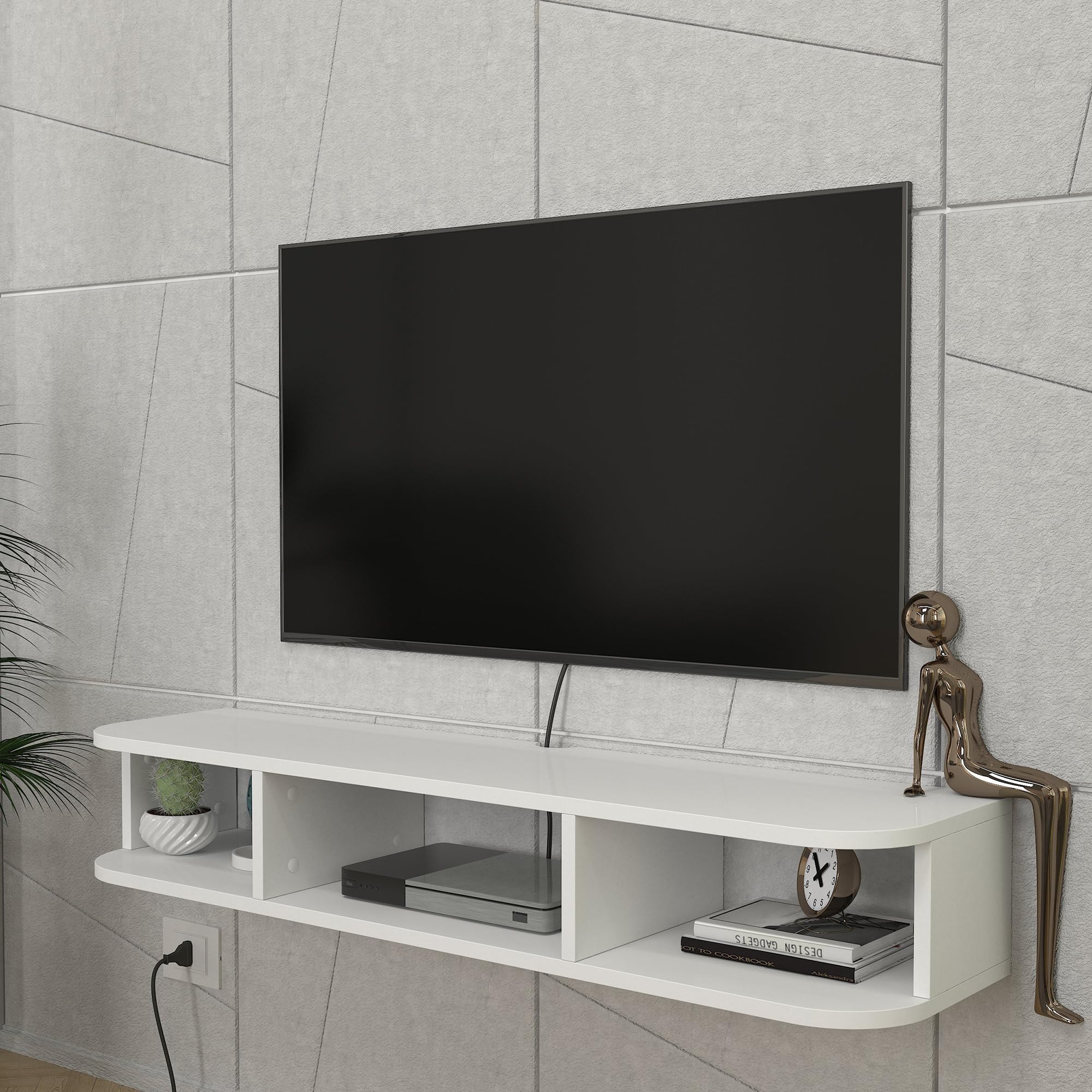 [en.casa] Mobile Porta TV Sospeso con 3 Vani Portaoggetti Scomparti Aperti Mensola da Parete Stand Multimediale con Passacavi 120 x 30 x 19 cm per Soggiorno - Bianco