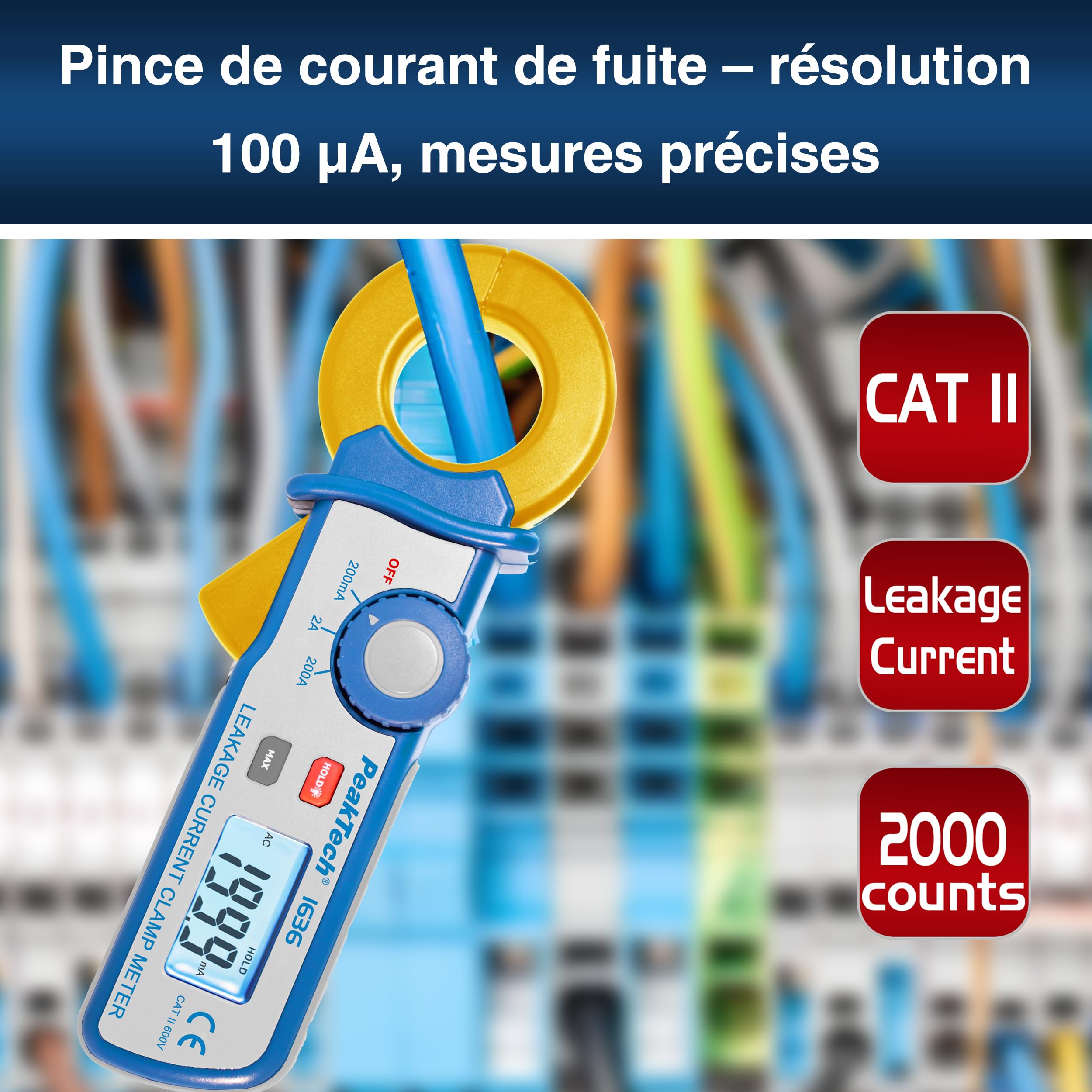 PeakTech 1636 Pince Ampèremétrique de Courant de Fuite AC jusqu’à 200A, Résolution 100 µA, Écran LCD, CAT II 600V, Mesure Précise