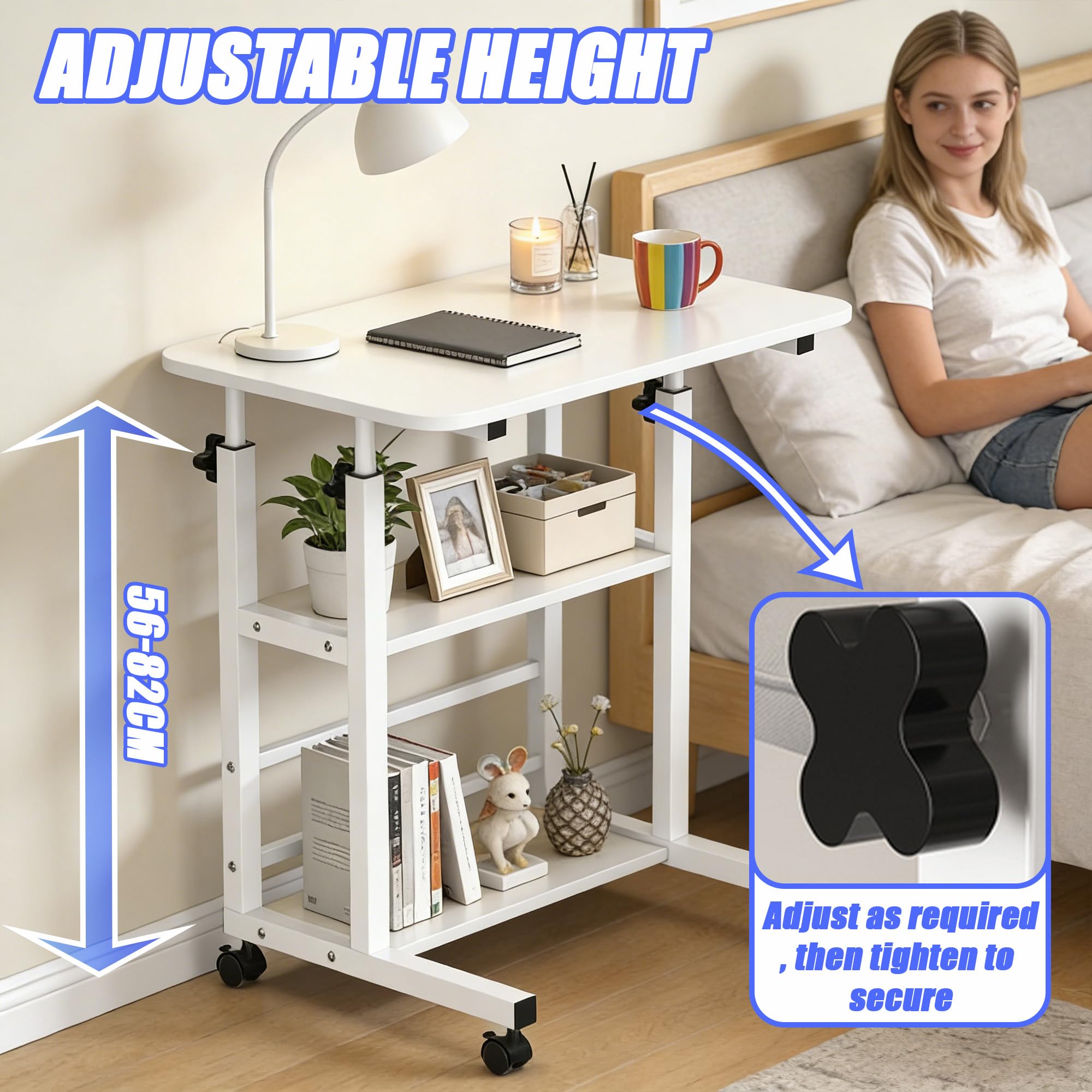 Verdego Escritorio de altura ajustable, mesa auxiliar con ruedas, 2 estantes, mesa de PC 40 x 60 x 56 – 82 cm, ahorra espacio, pequeña mesa portátil para ordenador para oficina en casa, sofá, cama