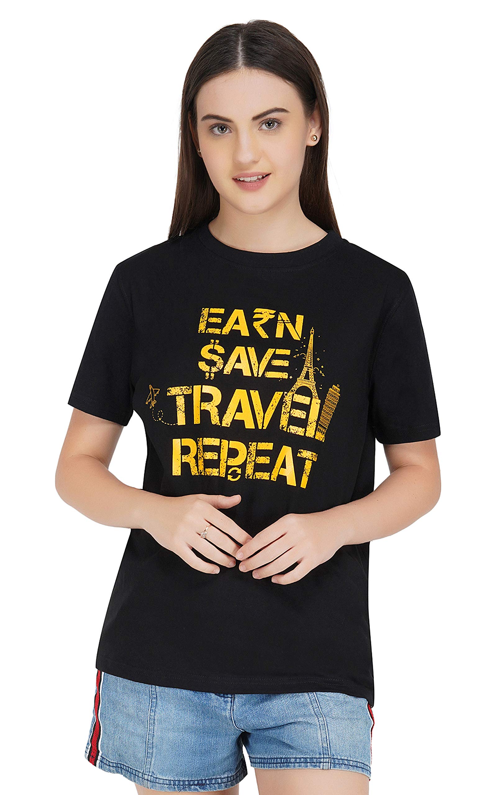 Rock Paper ScissorsWomen's Earn Save Travel Repeat Printed Round Neck Casual Half Sleeve Tshirt/T-Shirt - Single Pack, Black, X-Large