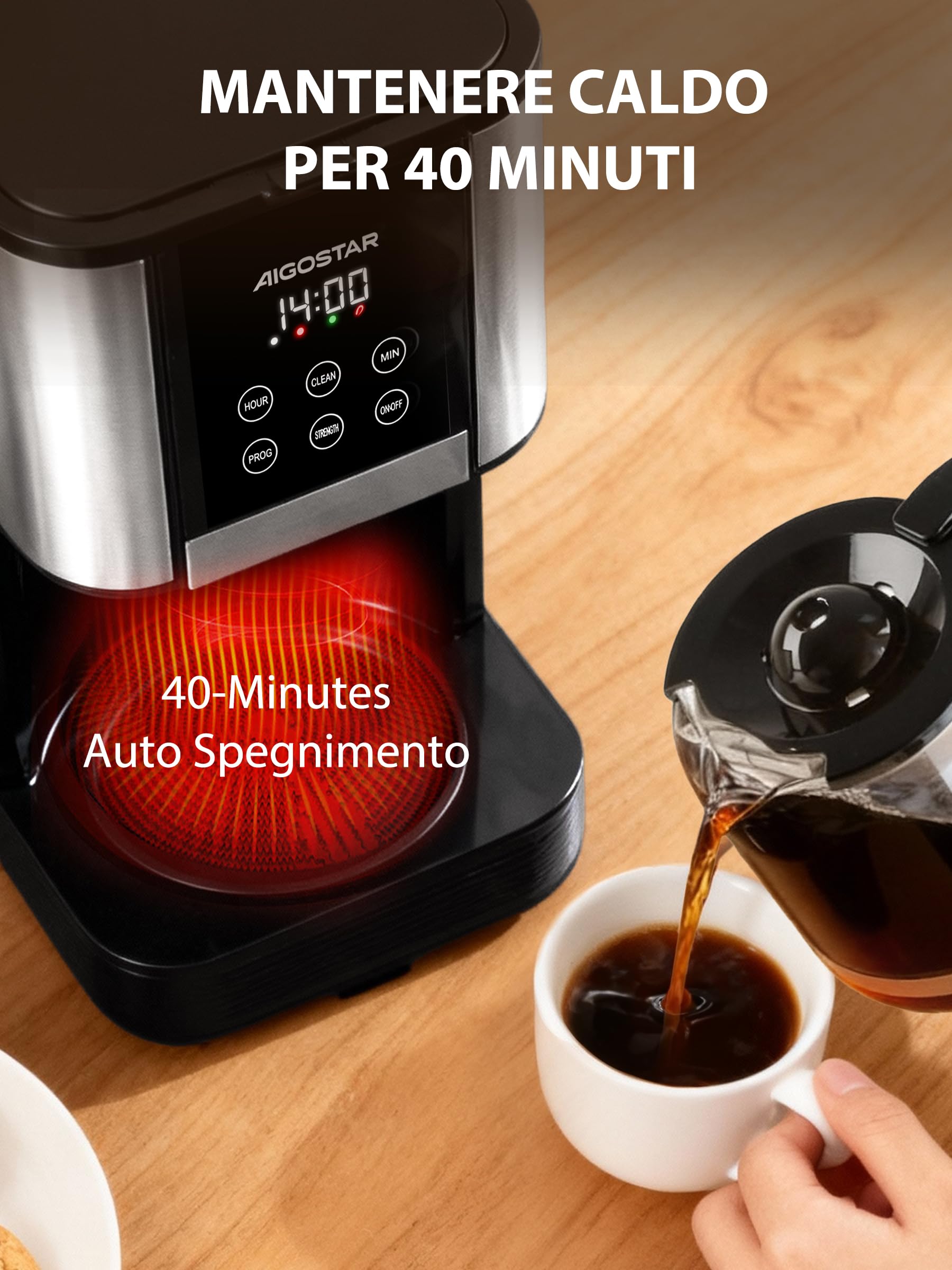 Aigostar - Macchina Caffè Americano, 1000W, Programmabile 24h con Display LCD, Autopulizia, 1.5L (12 Tazze), Regolazione Intensità, Filtro Riutilizzabile, Antigoccia, Piastra Riscaldante, BPA FREE