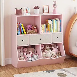 Amyove Kids Bookshelf and Bookcase Toy Storage Multi Shelf with Cubby Organizer Cabinet and Drawers for Boys Girls, for Children's Room, Playroom, Hallway, Kindergarten, School (Light Pink)