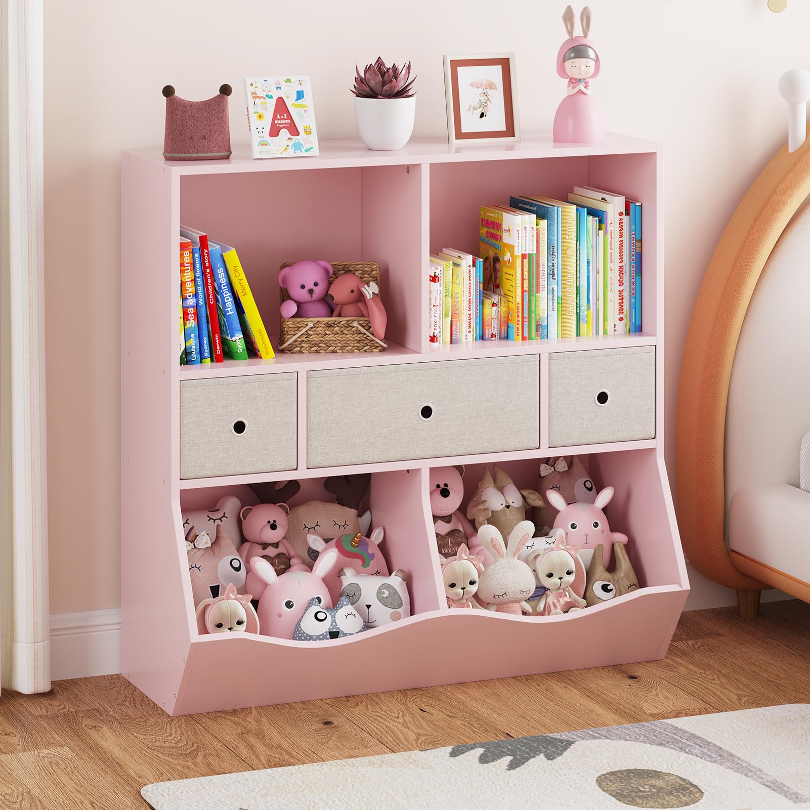 Garvee Vielseitiges Kinder Bücherregal & Spielzeugregal – Mehrere Ablagen, 7 Fächer, 2 Bücherfächer, 3 herausnehmbare Schubladen – Aufbewahrungsschrank für Kinderzimmer, Spielzimmer, Flur,