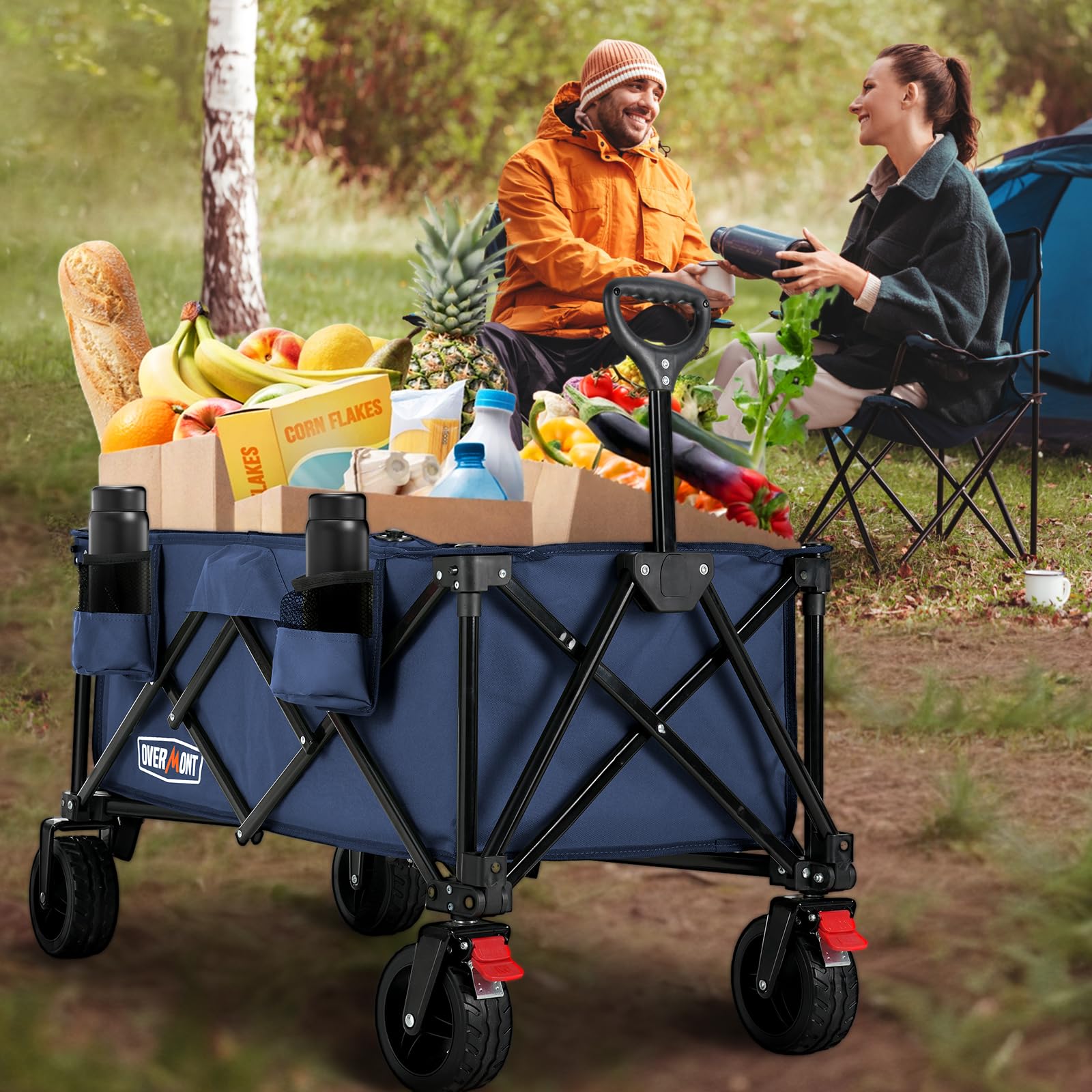Overmont Carrello da Giardino Pieghevole - Carrelli da Trasporto 150L 150 kg con Maniglia regolabile Freni Tasche a Rete - All-terrain Staccabile Ruote - per Campeggio Shopping Sport Spiaggia
