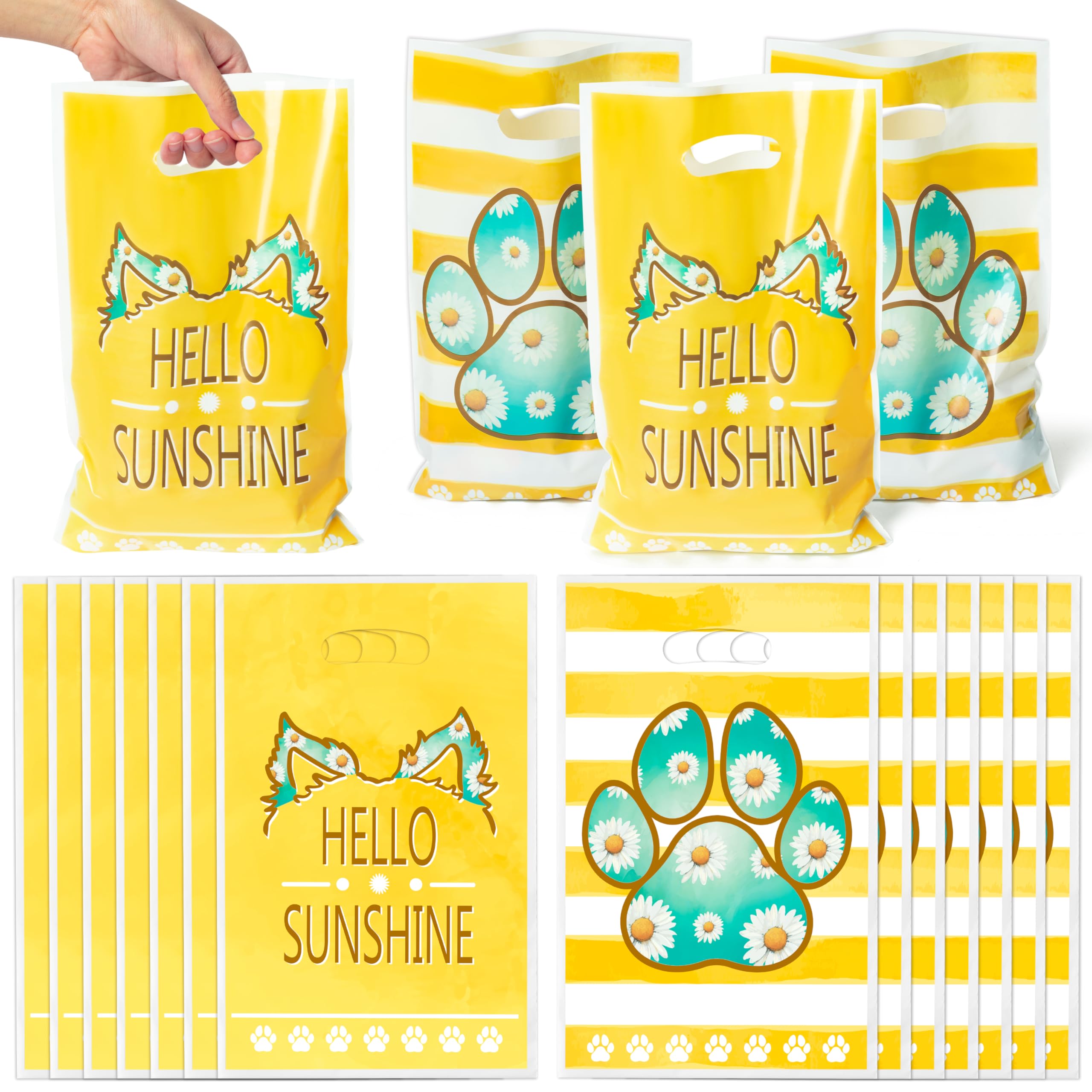 ArowlWesh Paw Print Party Favor Bags - 50Pcs Plastic Daisy Candy Treat Gift Bag with Handles Paw Printed Snack Goodie Treat Pouches Birthday Party