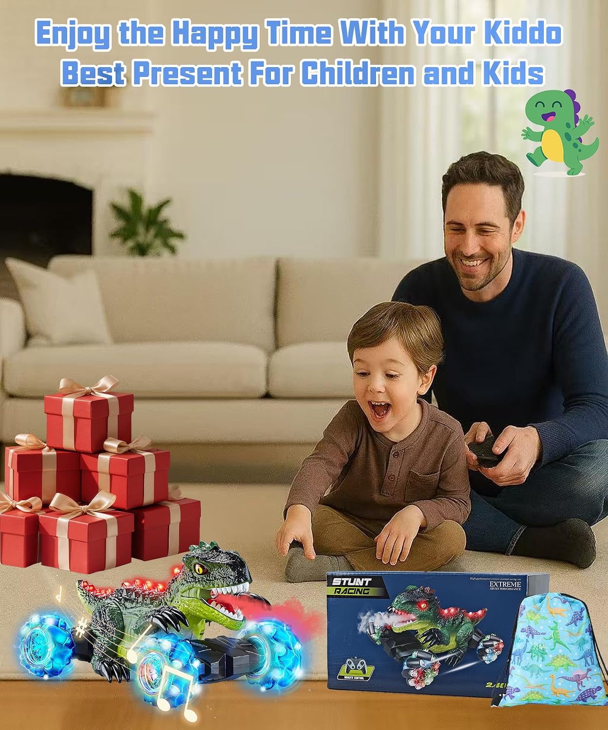 Dinosaur Remote Control Car RC Stunt with Spray & Lights & Music, 360°Rotating 4WD Stunt RC Toys for Kid, 2.4 GHz, Rechargeable, All Terrain Car Toys Presents for Boys Age 3-12 (With Storage Bag)