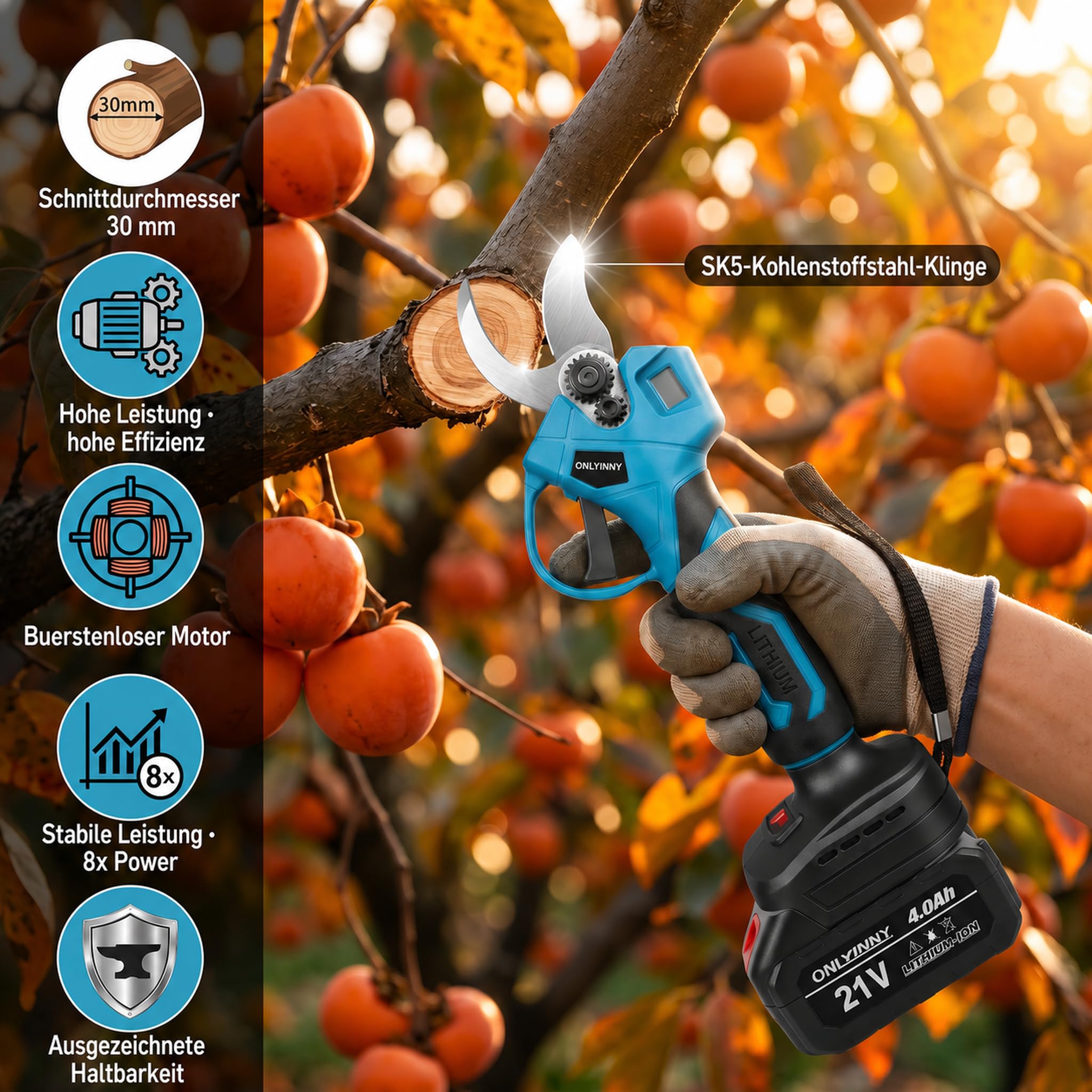 Kit 4-en-1 Tronçonneuse 8" & Sécateur Électrique, moteur brushless, 2 batteries 4Ah, perche télescopique portée 4,57m, outil élagage jardin arbres fruitiers