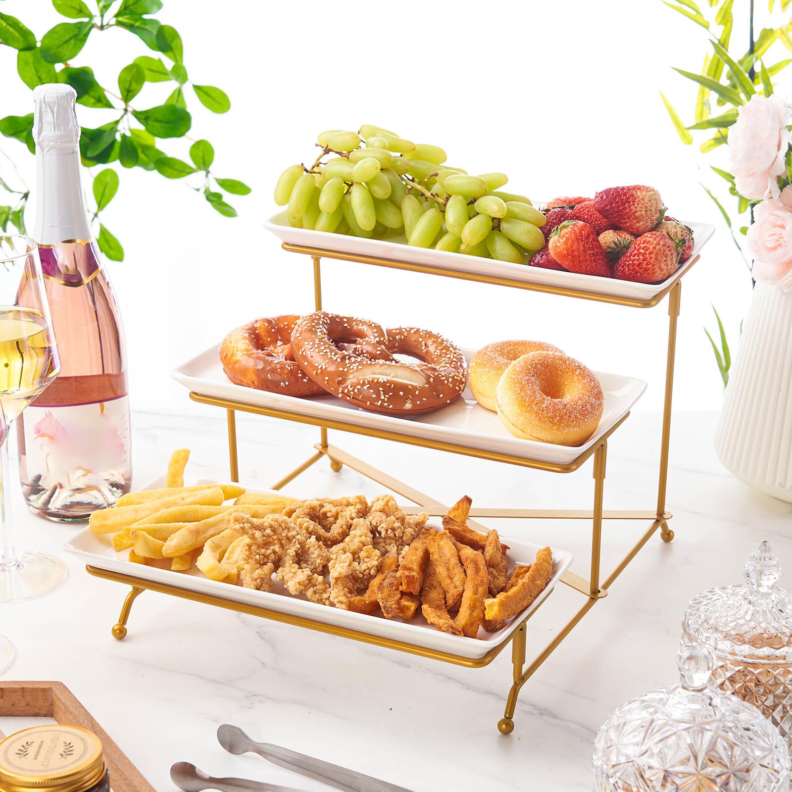 Alzata per torte a 3 livelli per tavolo da dessert con vassoio da portata in ceramica, set di espositori bianchi per feste a buffet