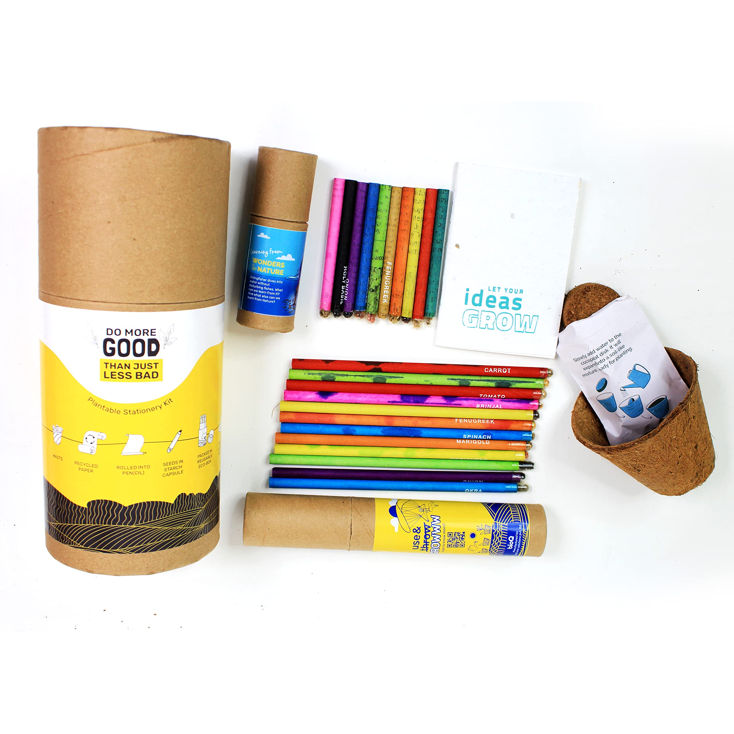 bioQ Eco Friendly Mega Grow Kit | Includes: Coco Pot, Coco Peat, Plantable Mini Notepad & Stationery | Recycled Paper Packaging | Gift Box for Kids and Nature Lovers | Grow Plants from Stationery