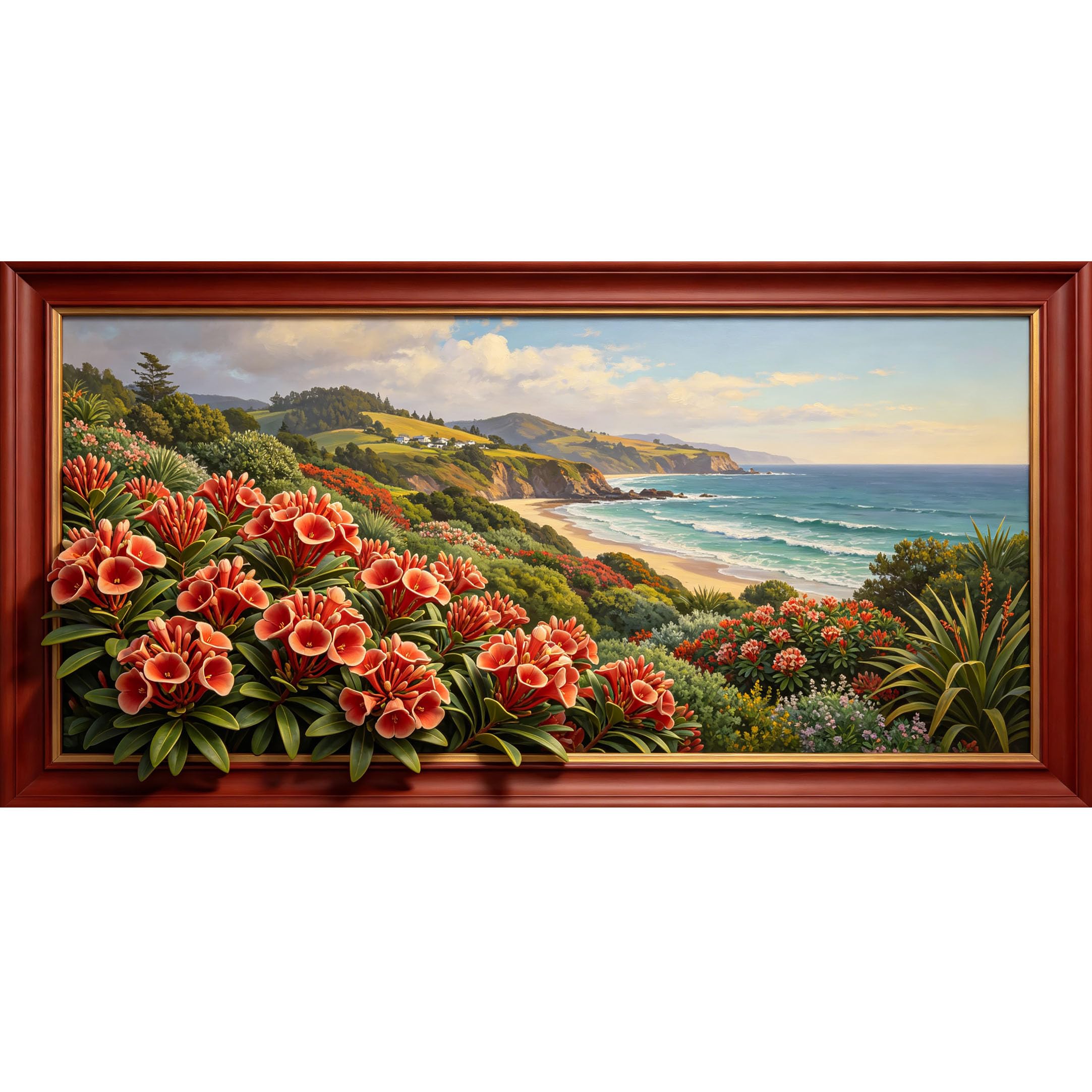 Agglomerix 3D Framed Wall Art Coastal Landscape Floral Botanical Ocean Shore Hillside Large Size Self-Adhesive Removable Wall Decor Prints Artwork for Living Room Bedroom Office