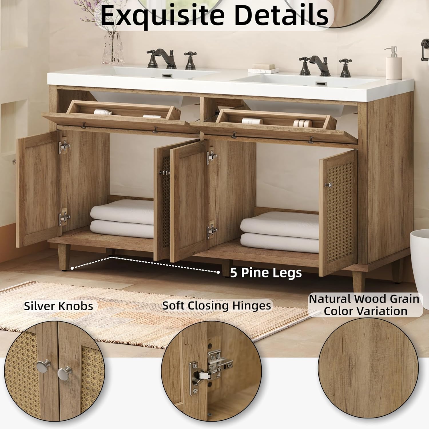 Merax 60 Inch Bathroom Vanity with Double Sink (SMC Sink), Large Storage Space with 2 Tip-Out Trays/Flip-Out Drawers and 4 Soft Closing Doors, Solid Wood Legs and Silver Metal Knobs, Wood Color