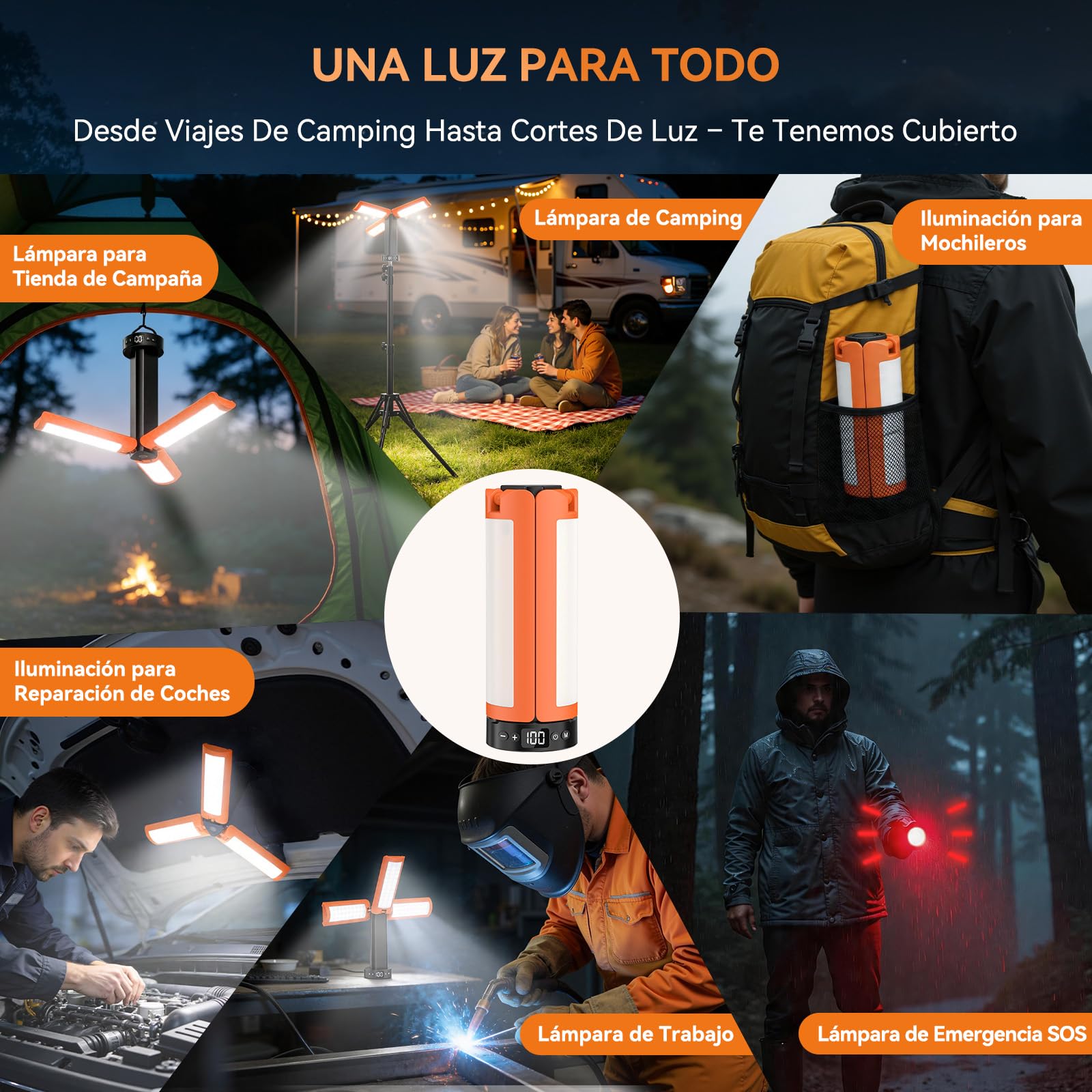 Lámpara de Camping Recargable con Trípode, 12000 mAh, 3 Colores de Luz, Trabajo LED Regulable de 6000 lm con Gancho Magnético y SOS, IP65, Adecuada para Talleres, Obras de Construcción y Emergencias.