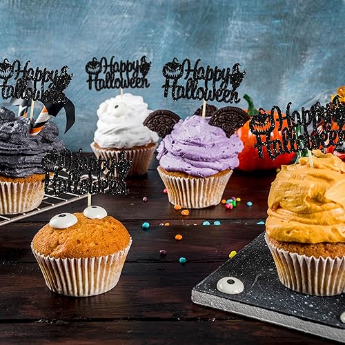 Miniatura 7 de Gyufise 24 adornos para cupcakes de Halloween con calabaza, fantasma, purpurina negra, decoraciones para cupcakes para niños, decoración de fiesta