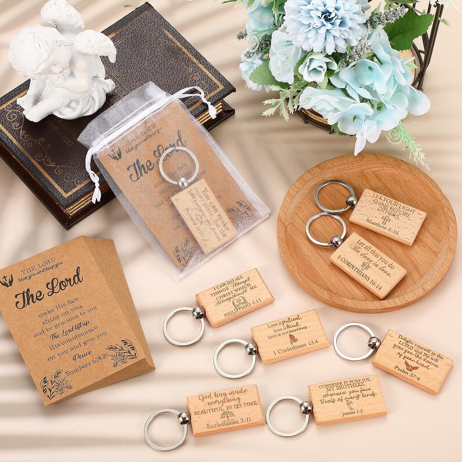 Siifert 50 Sets Christian Gifts Set Include Wooden Bible Verse Keychain Inspirational Scripture Cards with Bible Verses and White Organza Bags for Men Women Office School Church Supplies (Square)