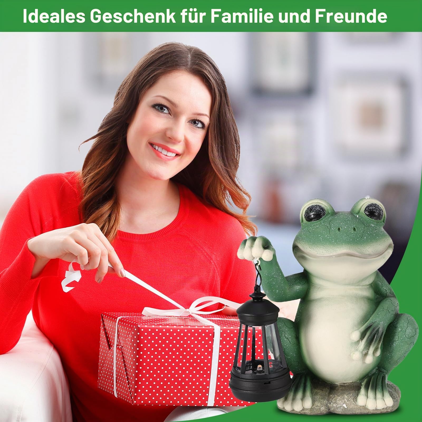 Solar Frosch Statue mit Solar Laterne, Außen Solar Gartendeko Frosch Gartenfiguren, Outdoor Frosch Garten Figuren Ornament mit Einem Lächeln für Hof Dekoration,Terrasse,Balkon,Gartengeschenke