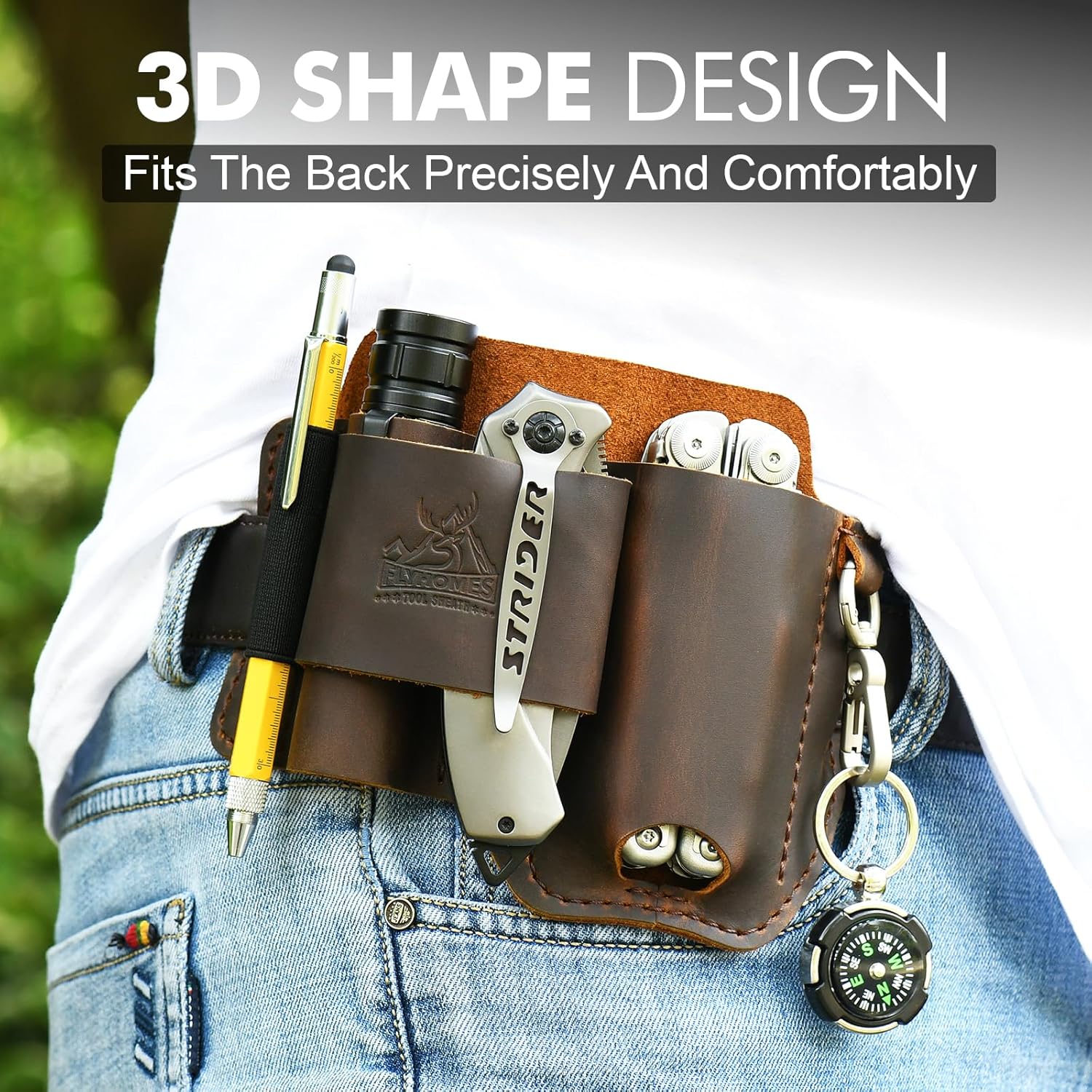 FLYHOMES Heavy-Duty Genuine Leather Multitool Sheath | Handmade Stitched Belt Organizer for Leatherman Surge | Holds Bit Driver Extender | Flashlight Holster, Pen & EDC Pouch | Dark Brown - Image 3