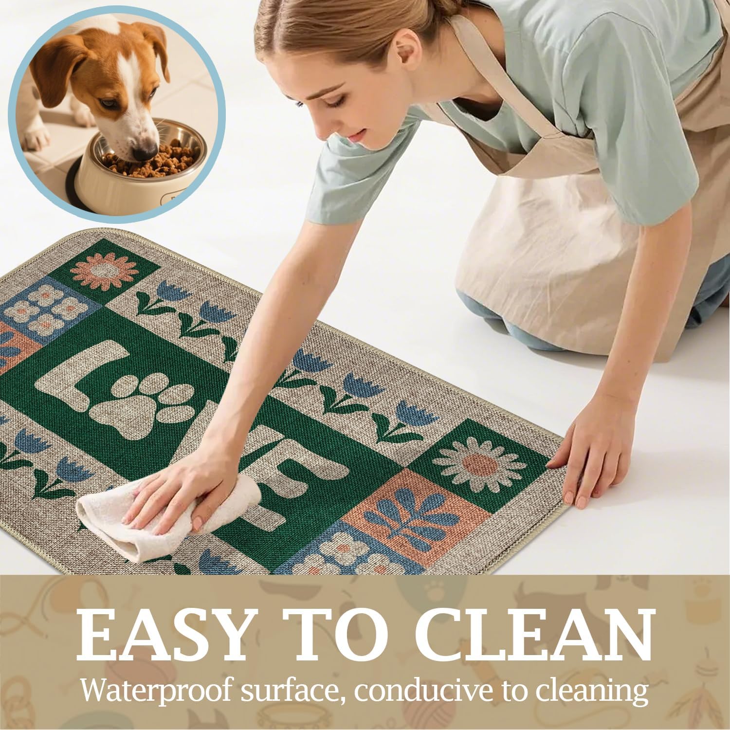Dog Food Mats for Floors, Waterproof Quick Dry for Cat Bowl Food and Water, Eco-Friendly Accessories Pet Supplies(12"x20", Love Flower)