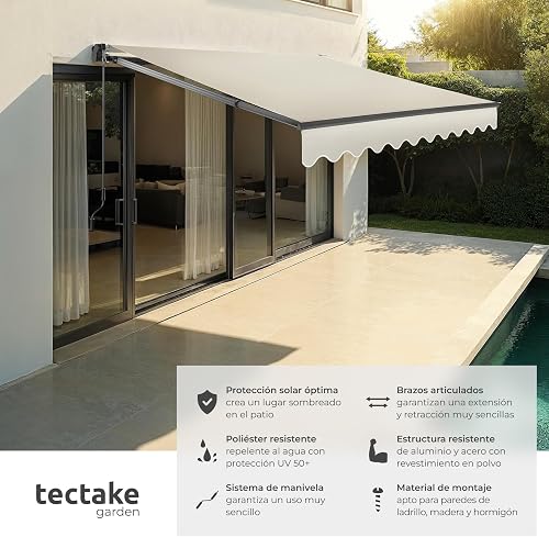 tectake® Retractable Awning with 50+ UV Protection, Water-Repellent Fabric & Hand Crank, Sun Shade with Sturdy Aluminium & Steel Frame, Ideal Patio, Balcony & Garden Canopy, 250 x 200 cm - Beige - 2