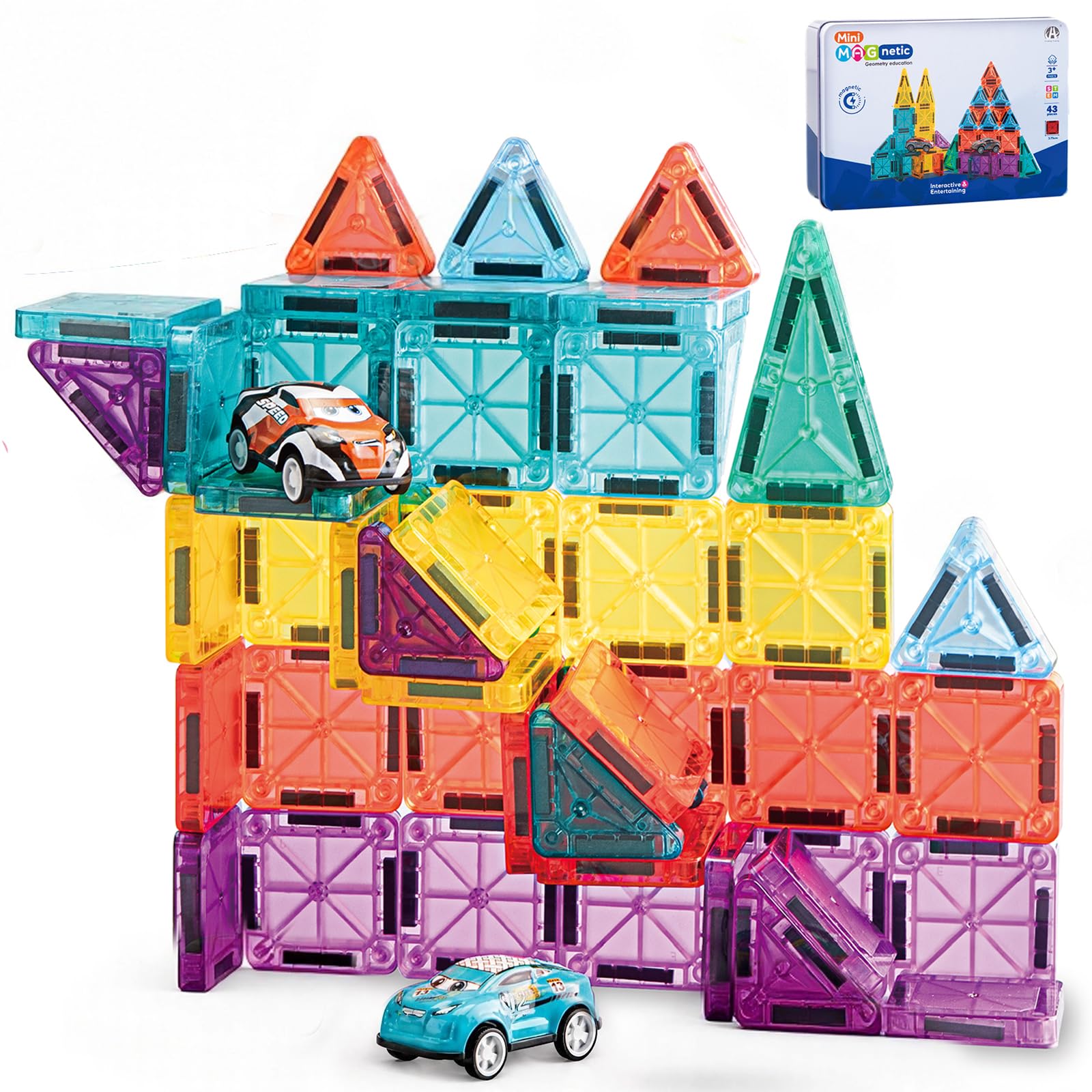 Magnetic Tiles for Kids Mini Magnetic Building Tiles with 2 Cars, Travel Magnetic Tiles w…