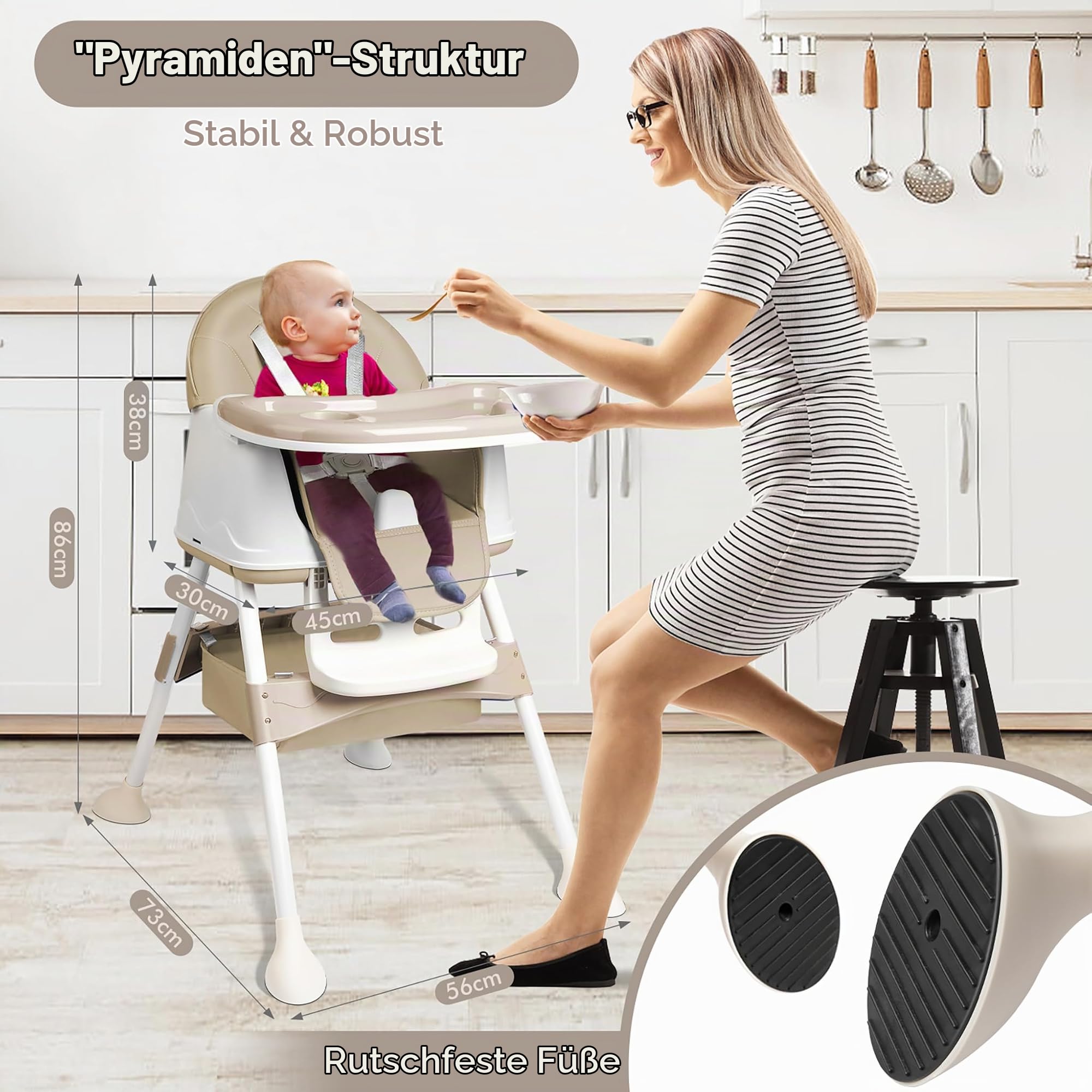 UISEBRT 3-in-1 Kinderhochstuhl, Klappbarer Baby Essstuhl mit Höhenverstellung, Verstellbarem Doppeltablett, Rollen und Abnehmbarem Sitz, Kombihochstuhl für Zuhause und Unterwegs, Beige